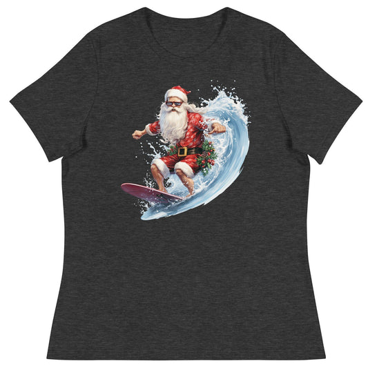 Santa surfing Women's Relaxed T-Shirt, comfy tshirt design funny christmas shirt