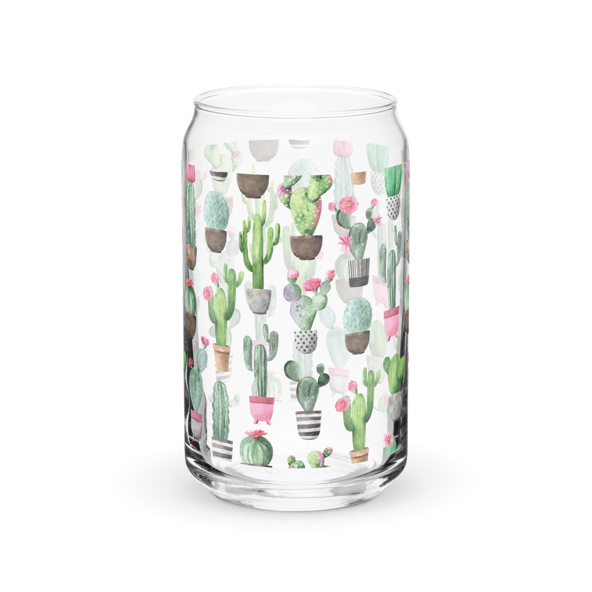 Cactus Can-shaped glass, 16 oz glass tumbler boho style, succulent tumbler glass