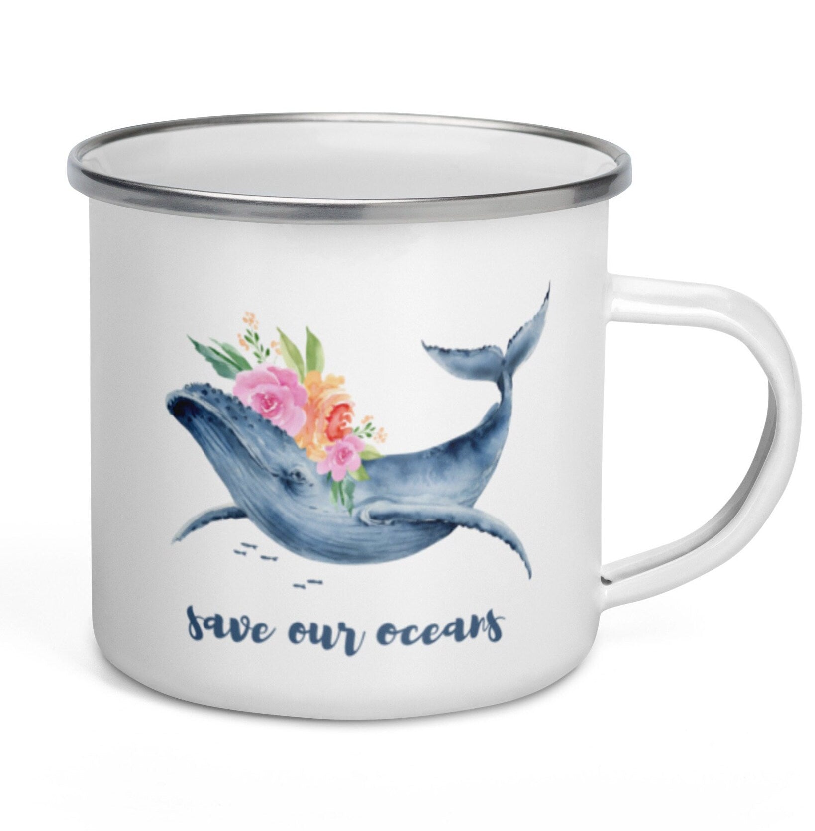 Enamel Whale Coffee Mug, Retro Style animal Enamel Mug, 12 oz Save Our Oceans Enamel Mug, Save the Whales Camping Coffee mug