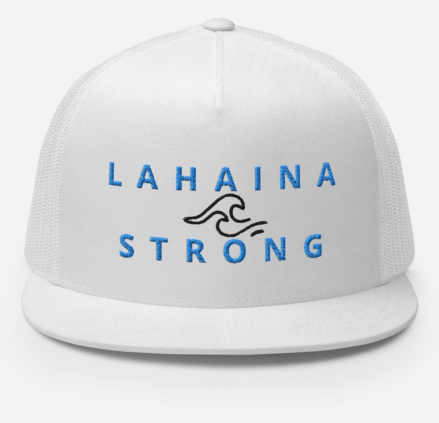 Lahaina Strong in Blue embroidered letters with wave symbol between