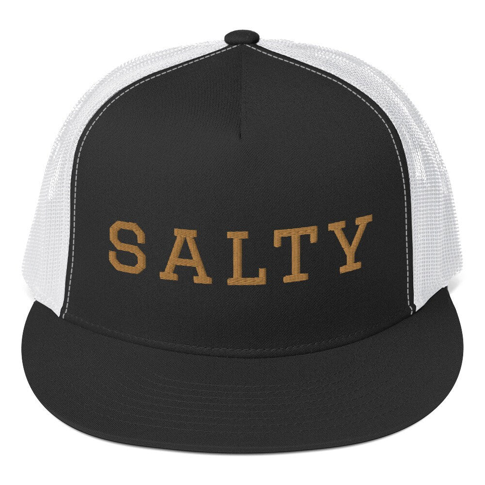 Trucker Cap Salty, Trucker Hat Salty Ocean Vibes, Snapback closure hat with gold letters, multiple colors trucker hat