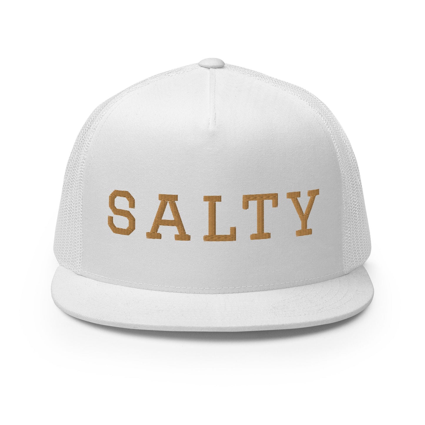 Trucker Cap Salty, Trucker Hat Salty Ocean Vibes, Snapback closure hat with gold letters, multiple colors trucker hat