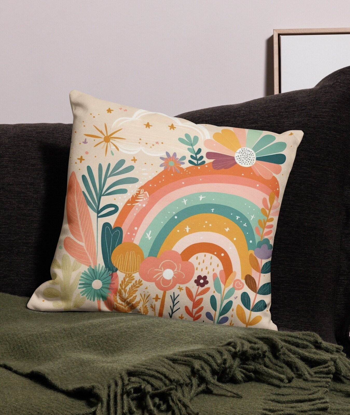 BOHO pillow cover different designs, kids room pillow, whimsical design 18x18, comfort color throw pillow, throw pillow boho rainbow