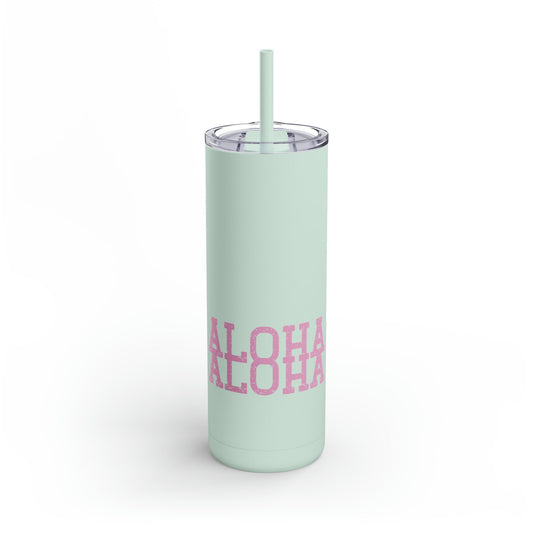 Aloha Skinny Matte Tumbler, 20oz tumbler, iced coffee cup tumbler, hawaii design green and pink, tumbler with straw