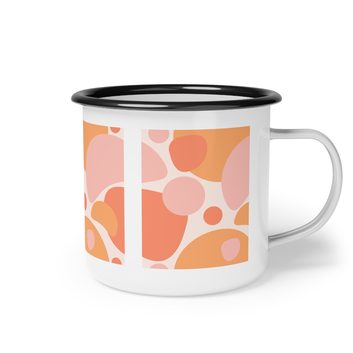 Retro Style Enamel Coffee Mug, pink and orange abstract art mug, orange enamel mug, retro style pink bubbles ocean mug, mock-up mug