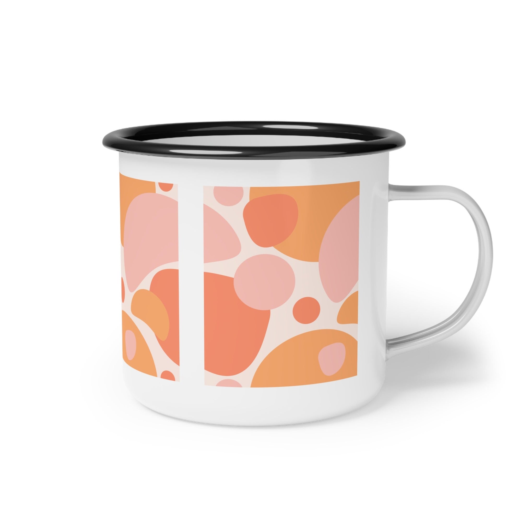 Retro Style Enamel Coffee Mug, pink and orange abstract art mug, orange enamel mug, retro style pink bubbles ocean mug, mock-up mug