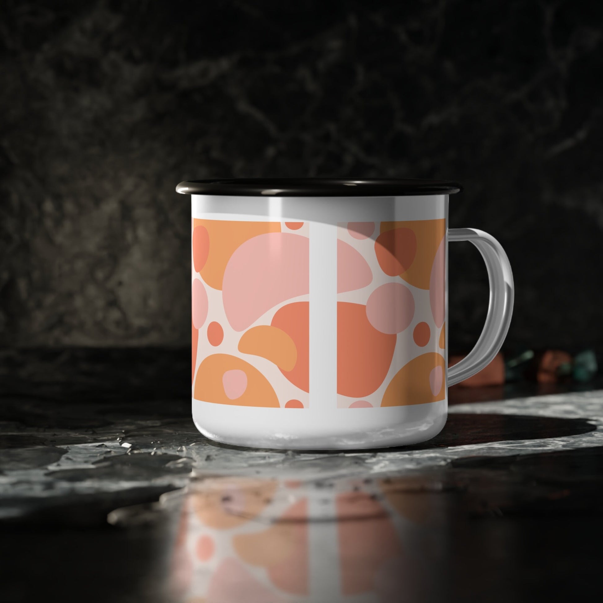 Retro Style Enamel Coffee Mug, pink and orange abstract art mug, orange enamel mug, retro style pink bubbles ocean mug, mock-up mug