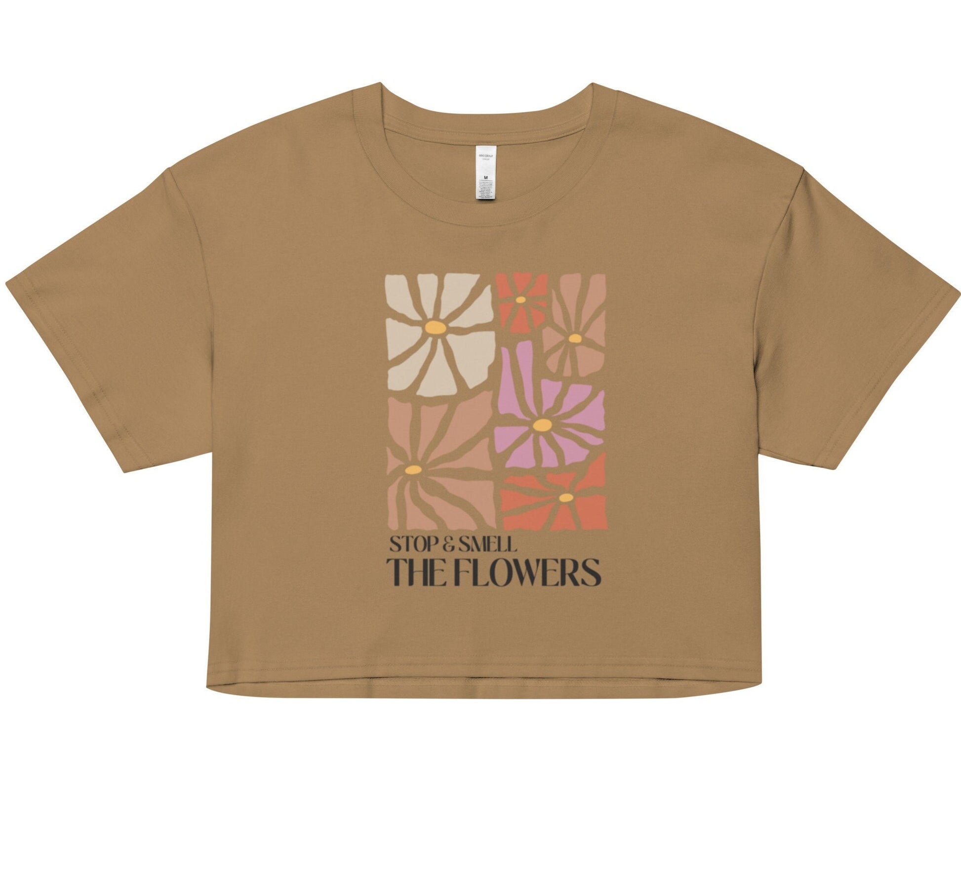 Women’s crop top Stop and Smell the Flowers, Crop Top Camel Color, Wild Flower Tshirt, BOHO Tshirt, comfort colors Tshirt