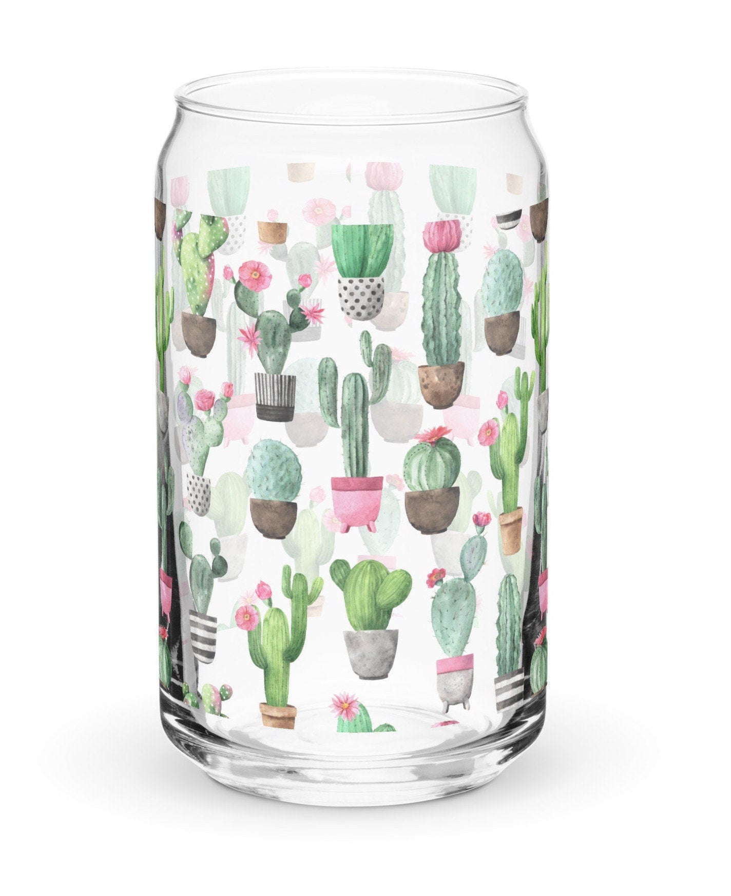 Cactus Can-shaped glass, 16 oz glass tumbler boho style, succulent tumbler glass