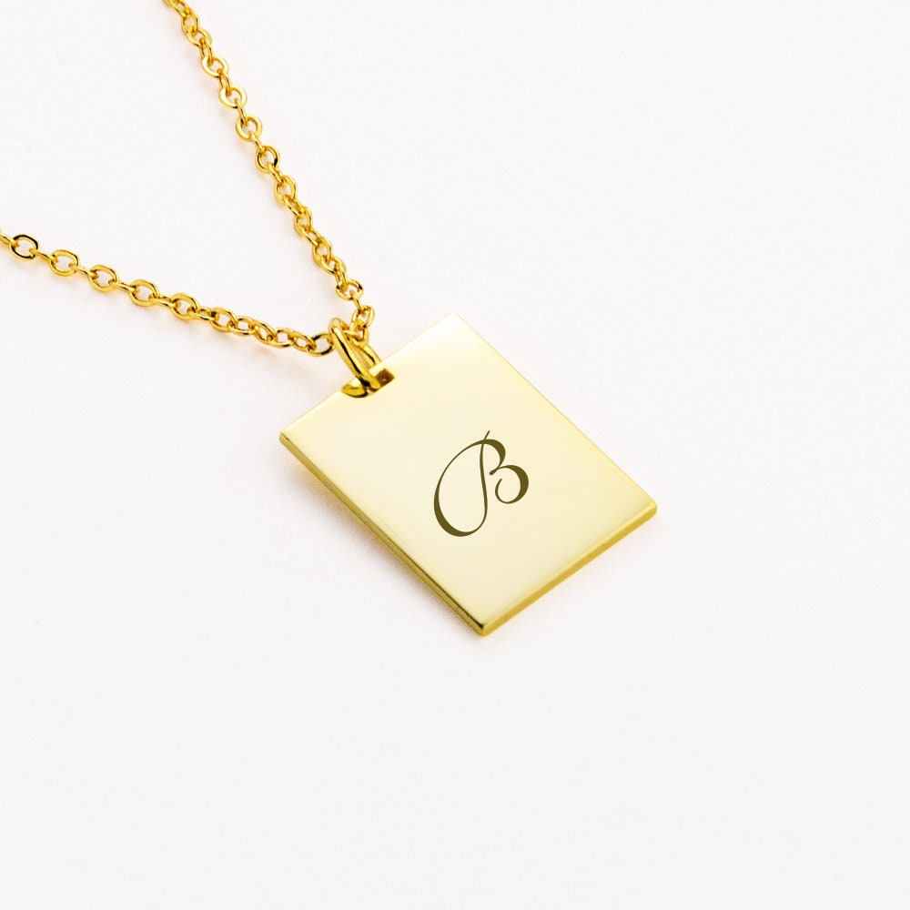 Custom Engraved Necklace, Rectangle Gold Pendant Necklace, Personalized Name Necklace, Silver Necklace, Handwriting necklace, Engraved Charm