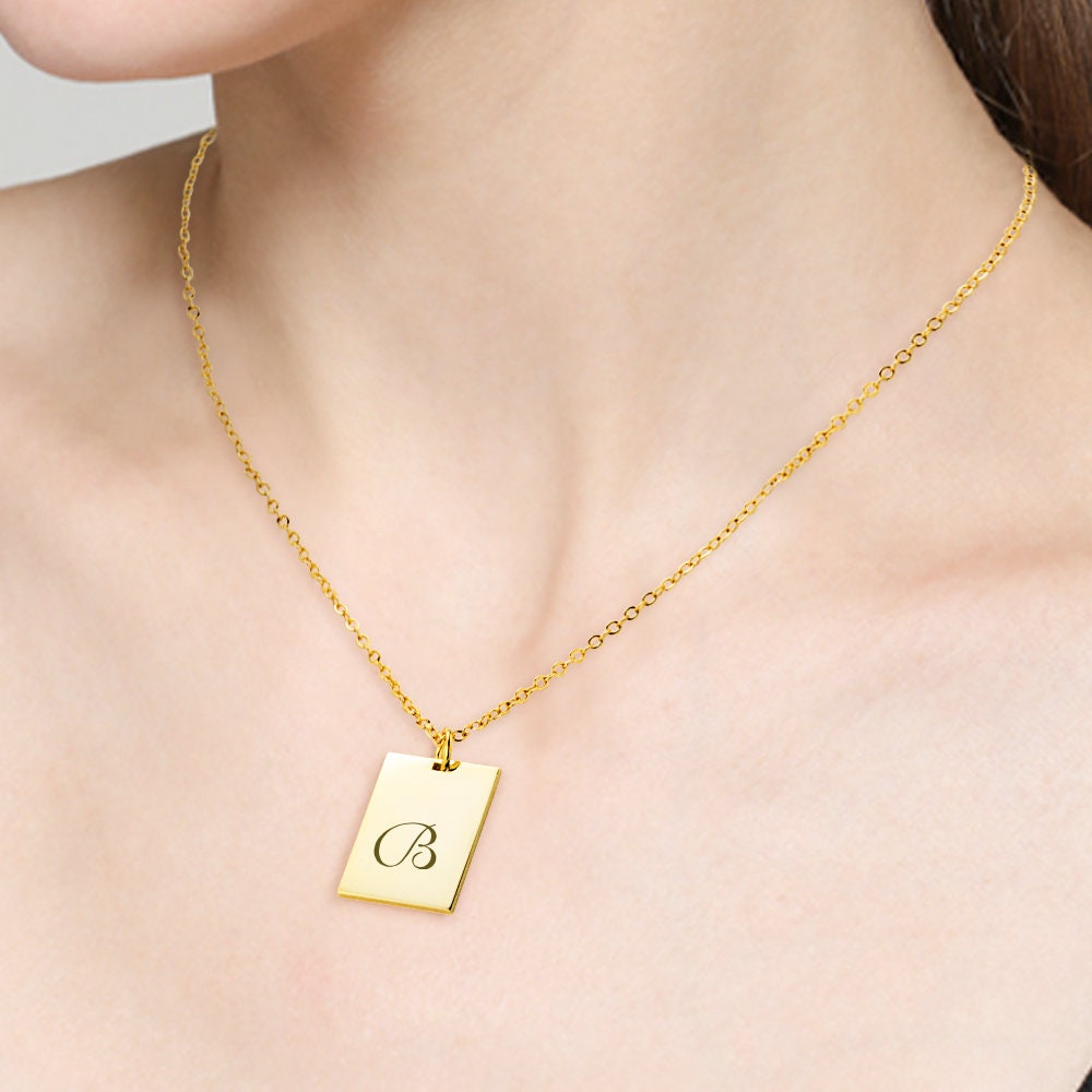 Custom Engraved Necklace, Rectangle Gold Pendant Necklace, Personalized Name Necklace, Silver Necklace, Handwriting necklace, Engraved Charm