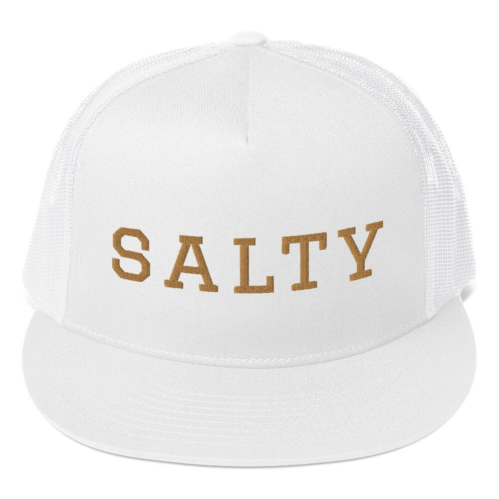 Trucker Cap Salty, Trucker Hat Salty Ocean Vibes, Snapback closure hat with gold letters, multiple colors trucker hat