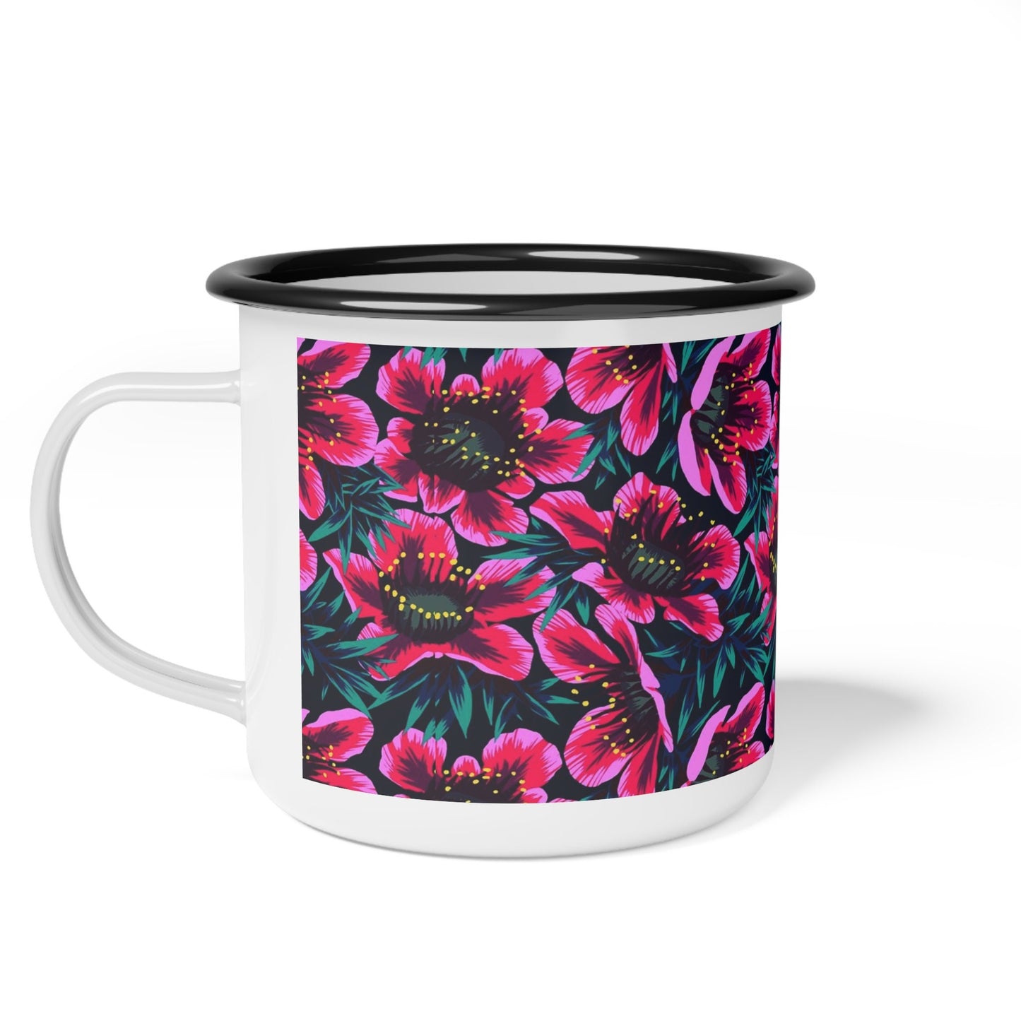 Retro Style Enamel Coffee Mug, Boho Floral design, hot or cold drinks, aloha drinkware designs, camping mug, kids cup for camp