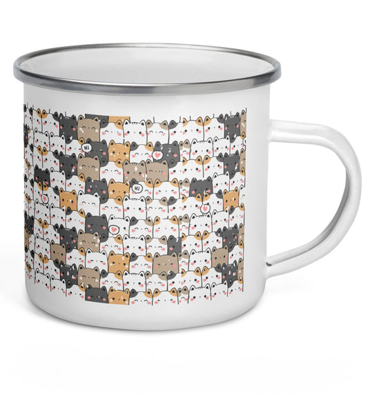 Cats Enamel Coffee Mug, 12 oz cute cats mug, cat mom coffee mug, boho comfort colors cat mug, pink hearts and cats coffee mug