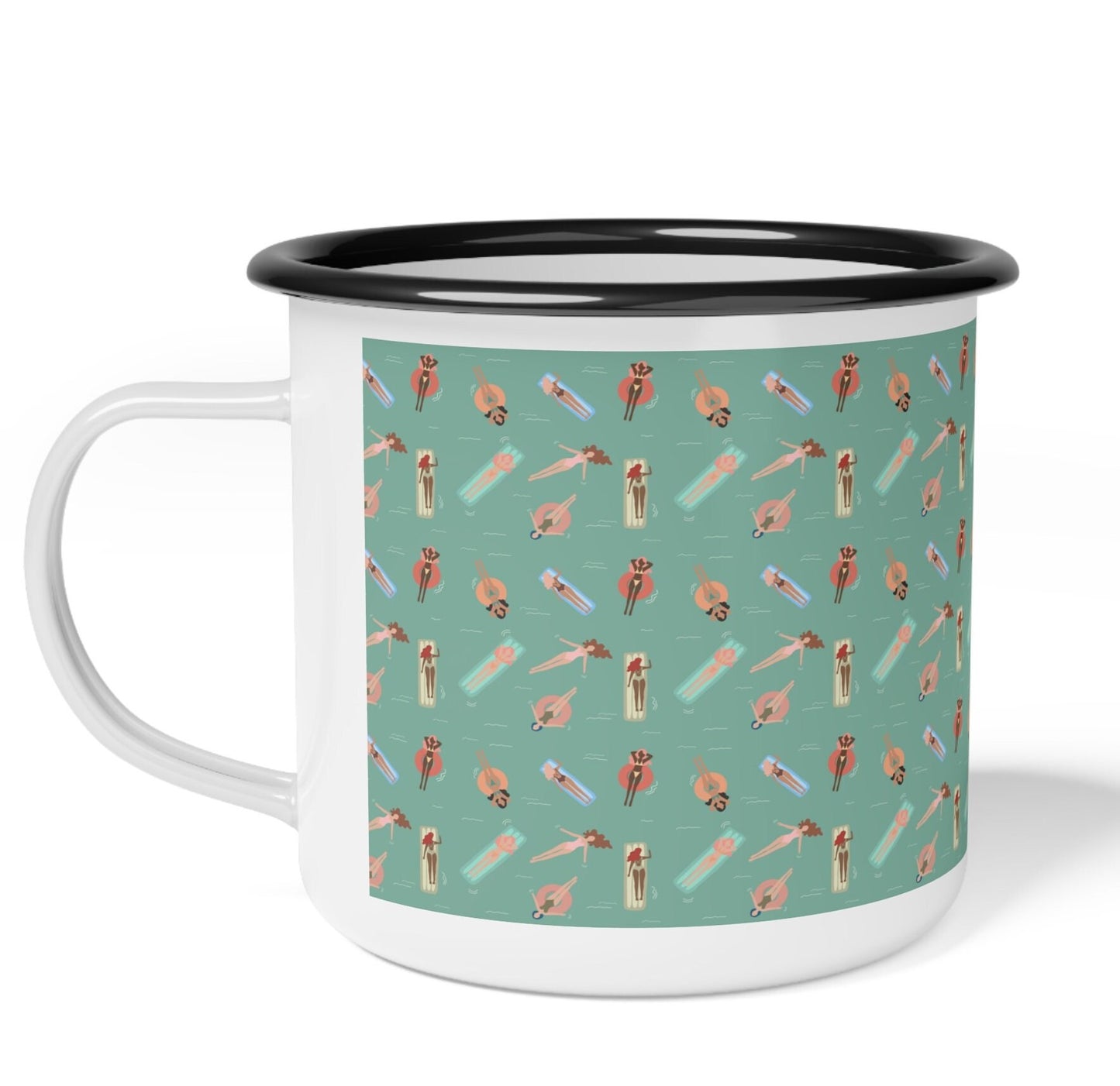 Retro Style Enamel Coffee Mug, Camp Cup Surf Mug, Girls Surfing 12 oz Coffee Mug, camping mug, mock-up mug, christmas stocking stuffer