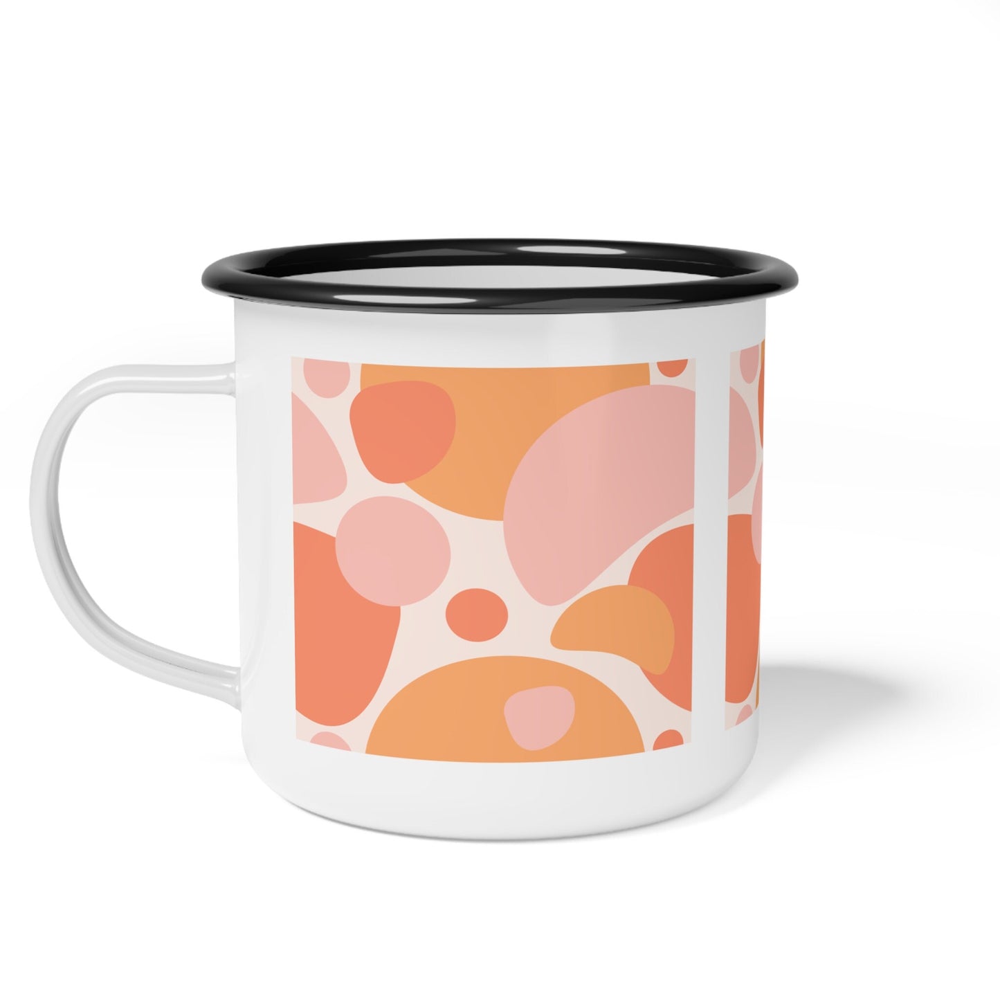 Retro Style Enamel Coffee Mug, pink and orange abstract art mug, orange enamel mug, retro style pink bubbles ocean mug, mock-up mug