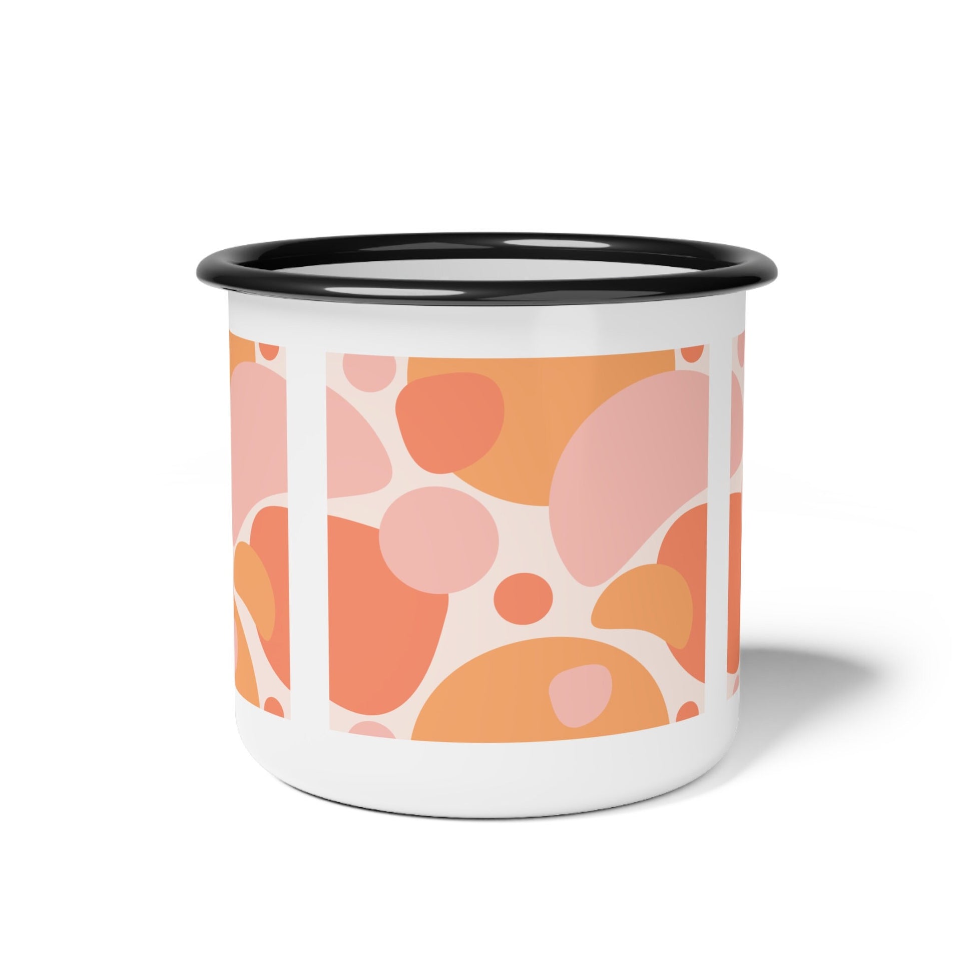 Retro Style Enamel Coffee Mug, pink and orange abstract art mug, orange enamel mug, retro style pink bubbles ocean mug, mock-up mug