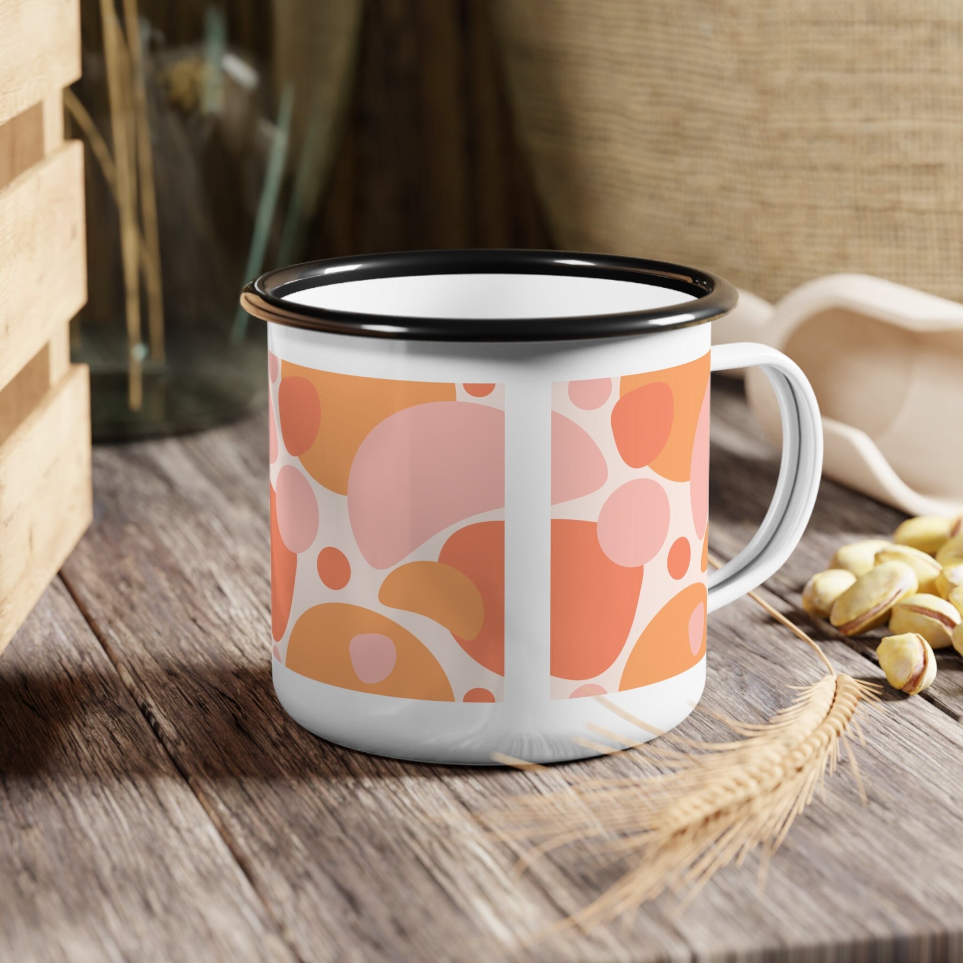 Retro Style Enamel Coffee Mug, pink and orange abstract art mug, orange enamel mug, retro style pink bubbles ocean mug, mock-up mug