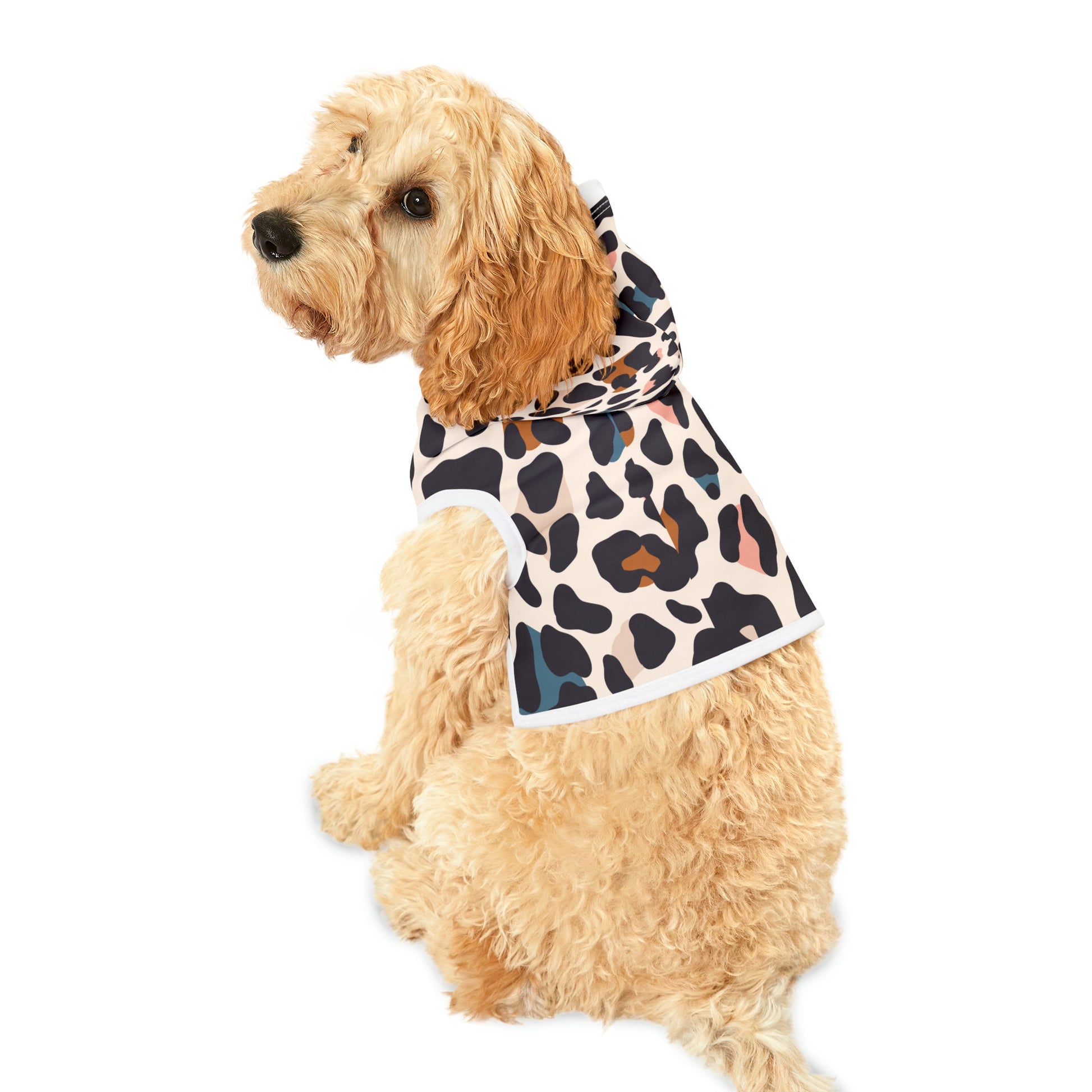 Cheetah print pet hoodie, multiple sizes, trendy dog wear, pet hoodie with animal print design