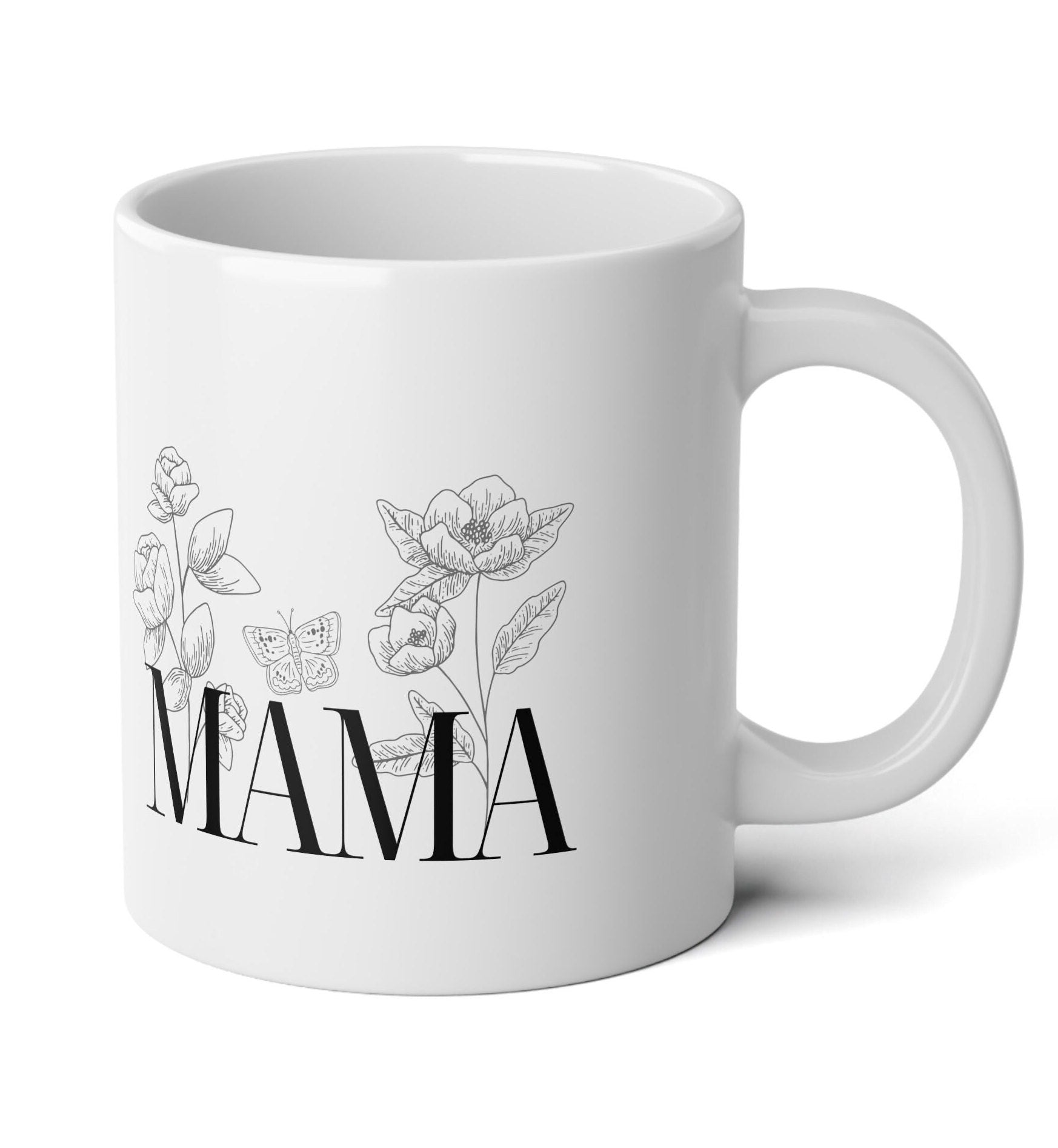 mothers day coffee mug, white with black letters MAMA and wildflowers in thin black ink, 20 ounce size with handle in ceramic