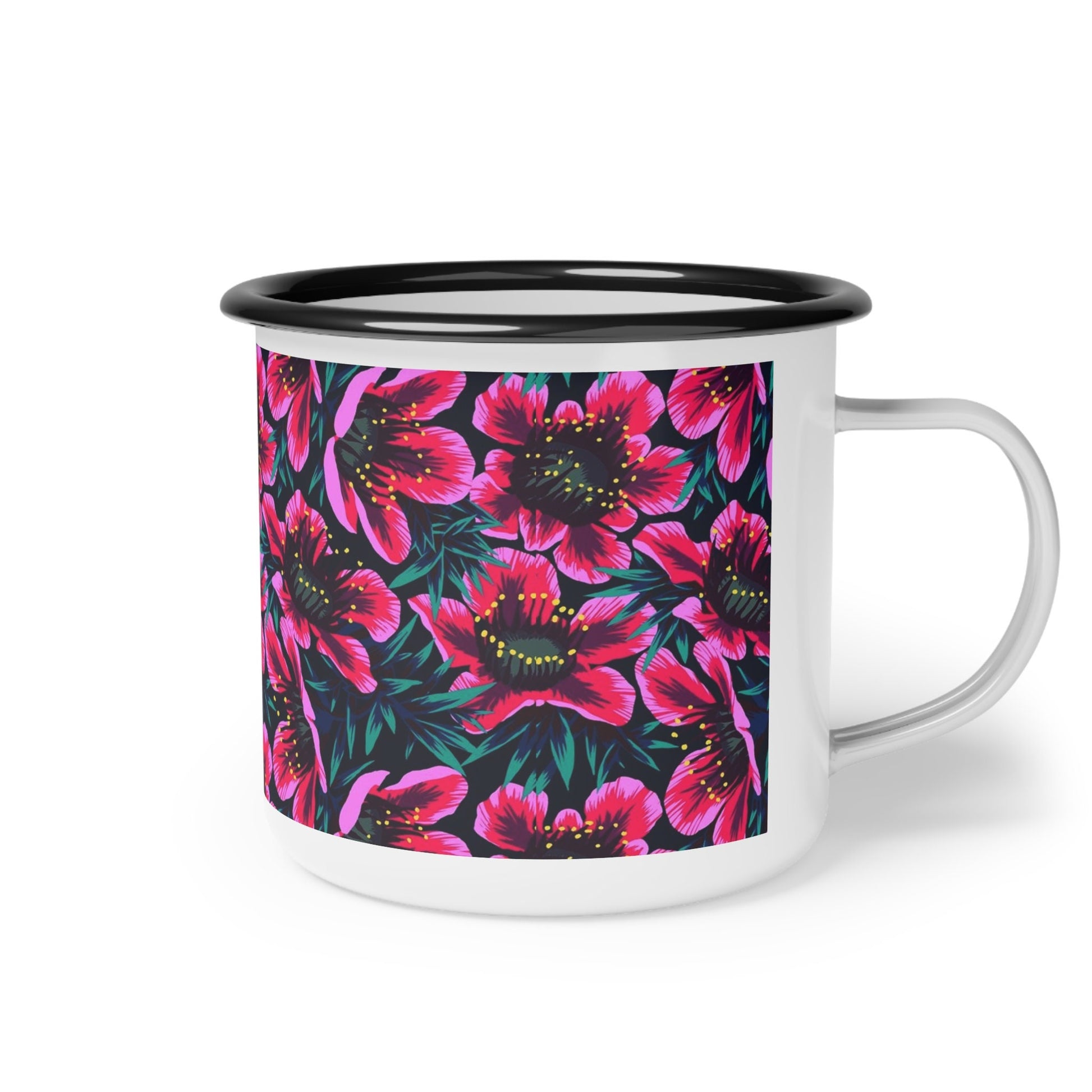 Retro Style Enamel Coffee Mug, Boho Floral design, hot or cold drinks, aloha drinkware designs, camping mug, kids cup for camp