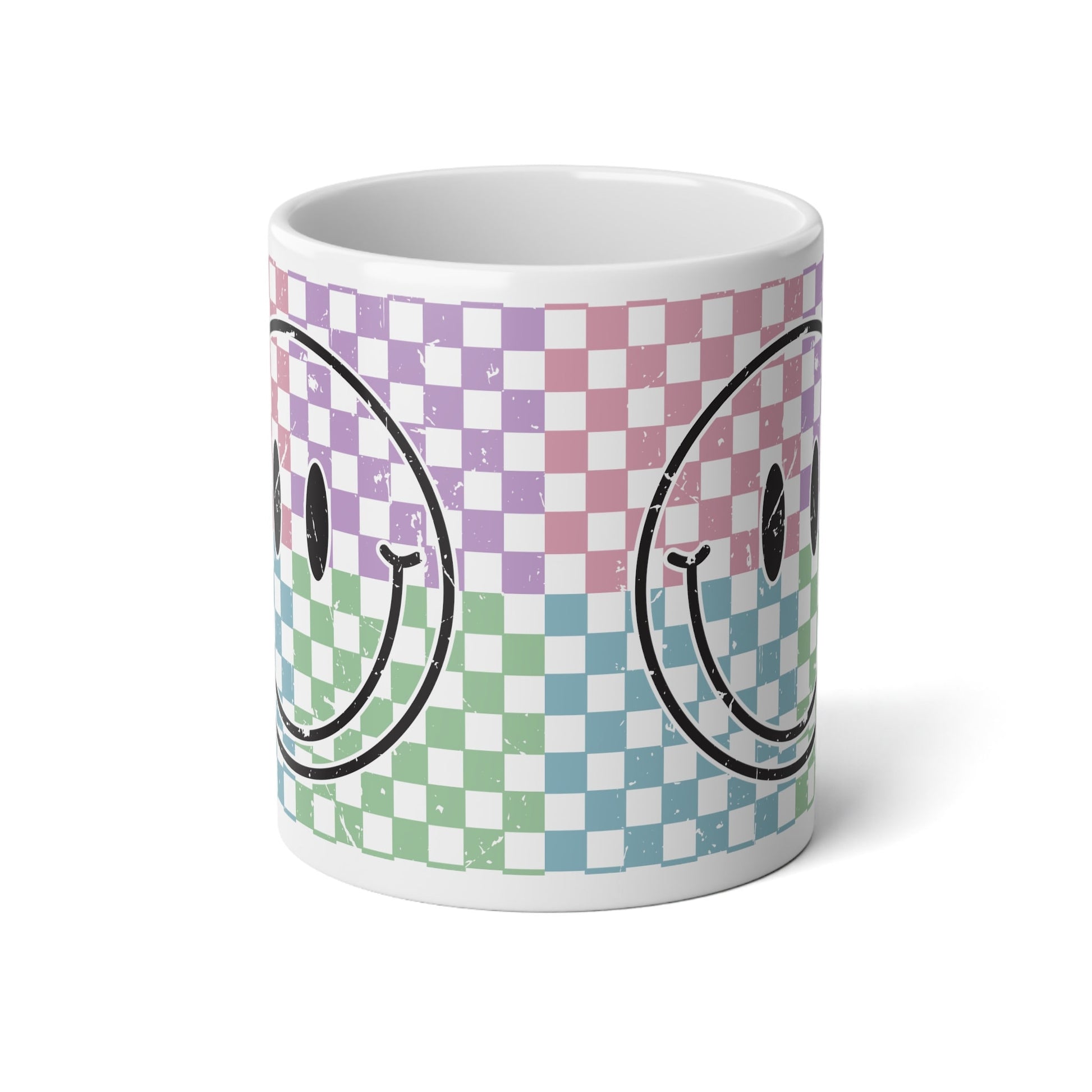 Smile Checkered Mug, 20oz Coffee Mug, Ceramic with handle in white, rainbow checkered smiley face design mug