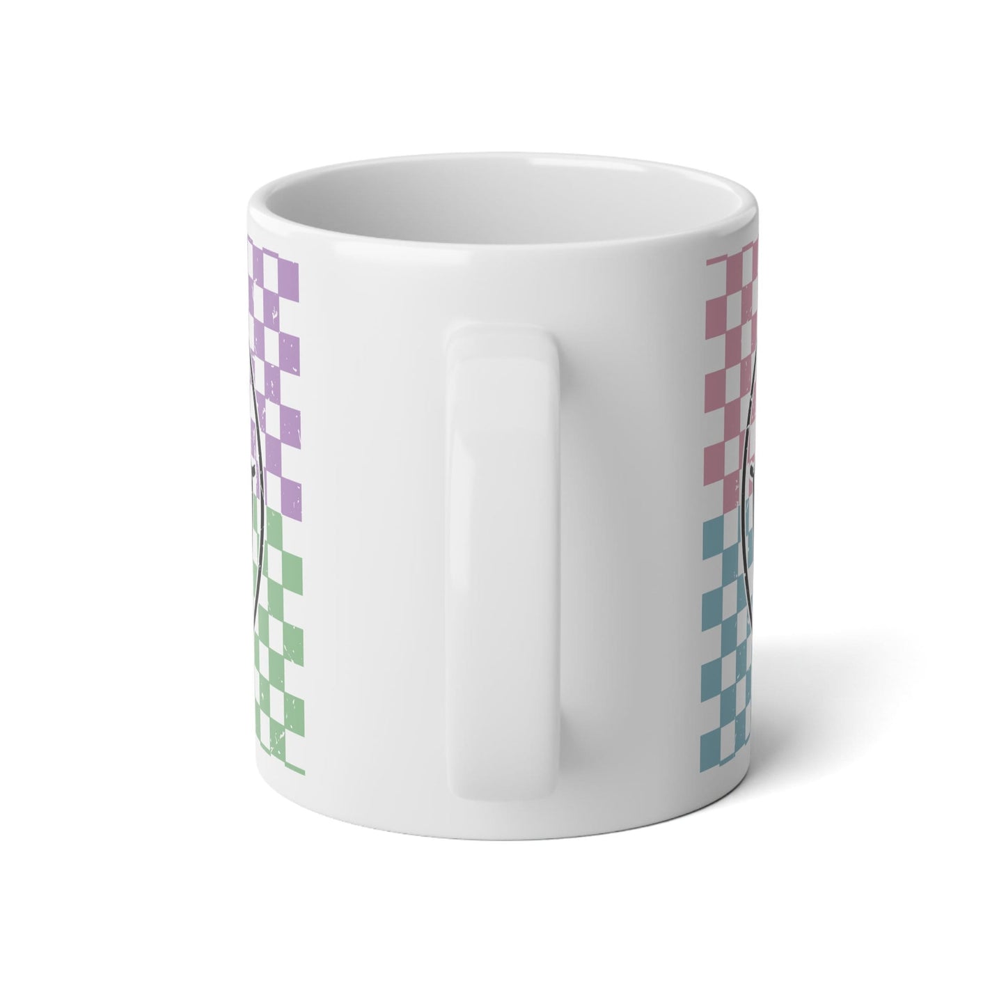 Smile Checkered Mug, 20oz Coffee Mug, Ceramic with handle in white, rainbow checkered smiley face design mug