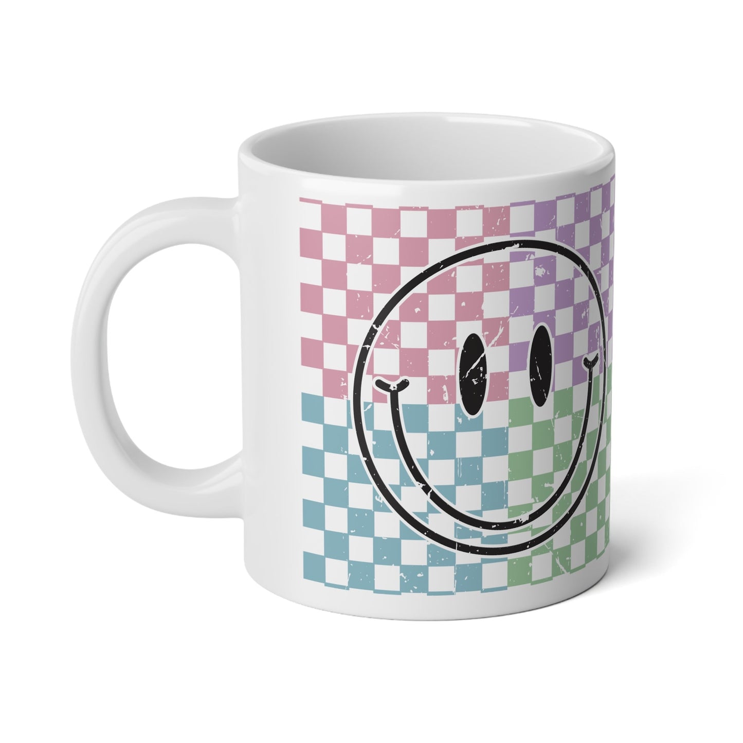 Smile Checkered Mug, 20oz Coffee Mug, Ceramic with handle in white, rainbow checkered smiley face design mug