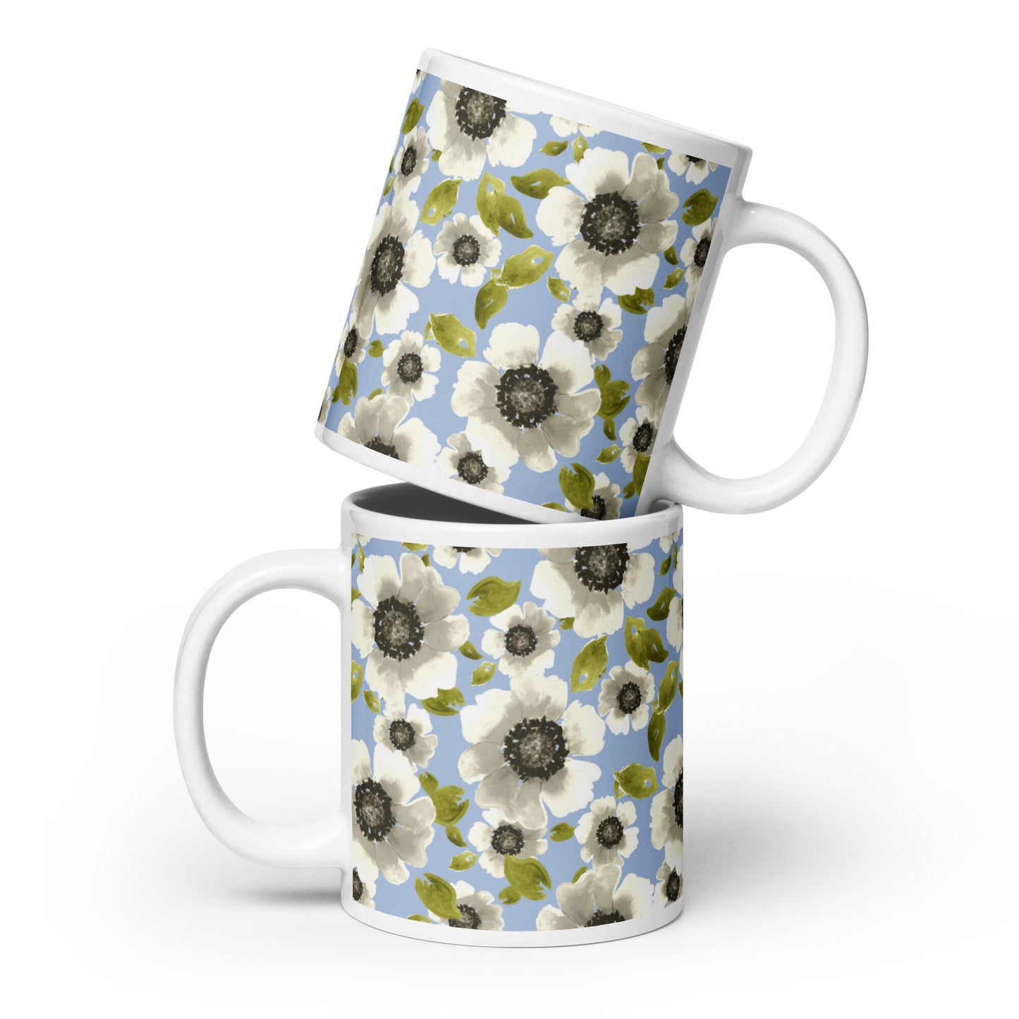 Blue Floral White glossy mug, 20 oz coffee mug, retro coffee mug with blue flowers, mothers day gift mug