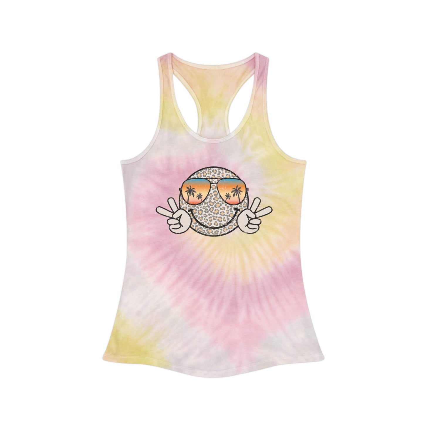 Tie Dye Racerback Tank Top, Smiley Face Leopard Print Women's Tank, Yoga Wear Tank Top