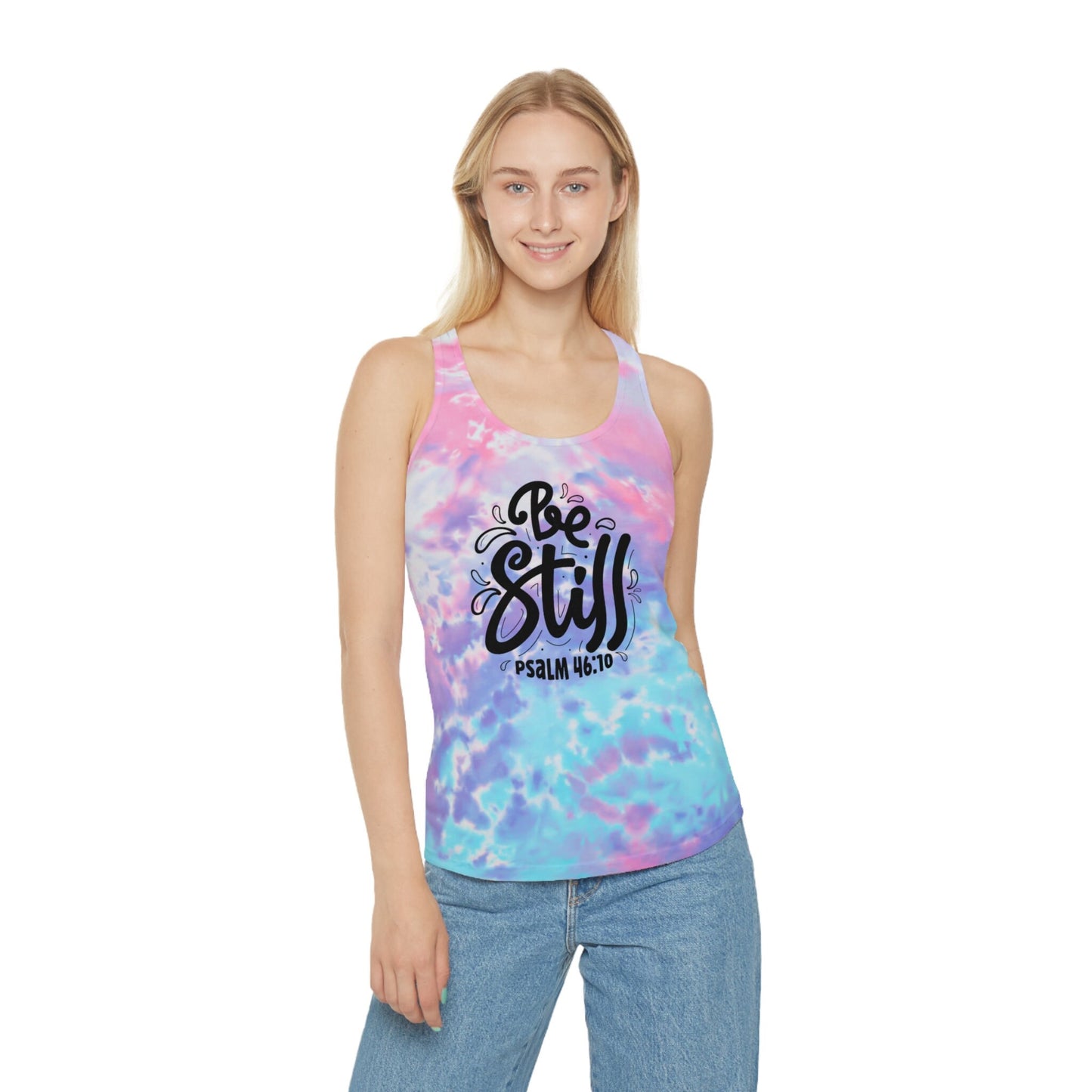 Tie Dye Racerback Tank Top, Be Still Bible Verse Shirt, Christian Apparel, Women’s Tie Dye Tank Bible Quote Shirt in Comfort Colors, svg