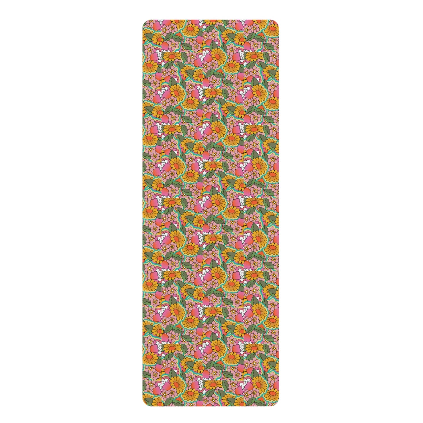 Retro Flowers Yoga Mat, Orange and Pink Retro Floral Design Yoga Mat