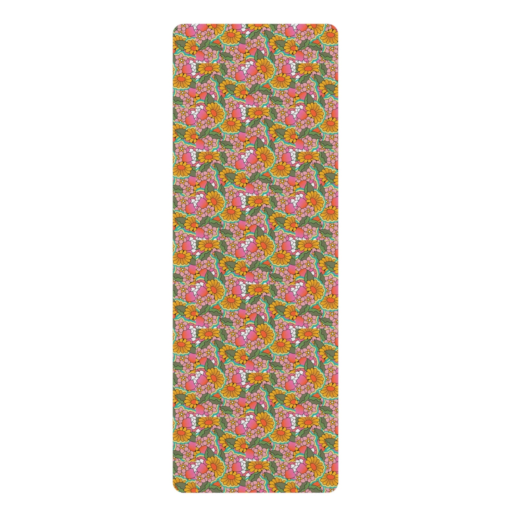 Retro Flowers Yoga Mat, Orange and Pink Retro Floral Design Yoga Mat