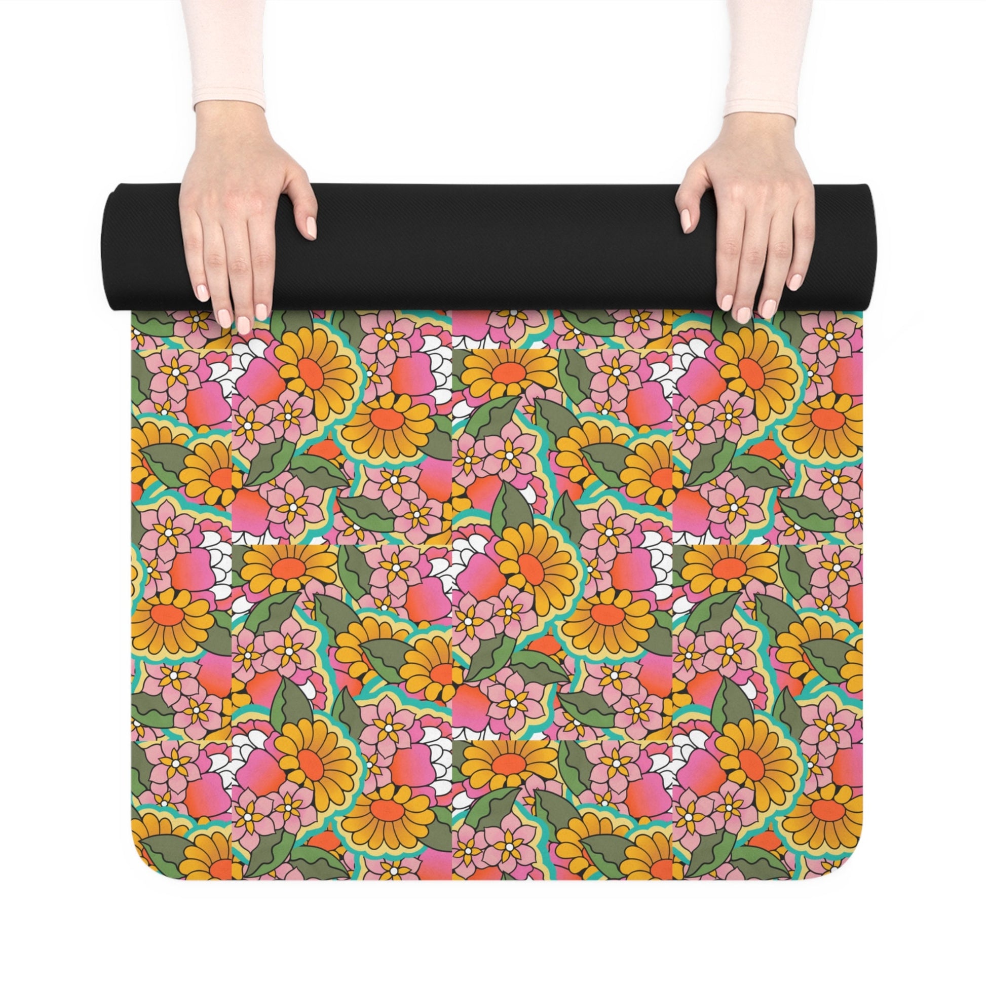 Retro Flowers Yoga Mat, Orange and Pink Retro Floral Design Yoga Mat