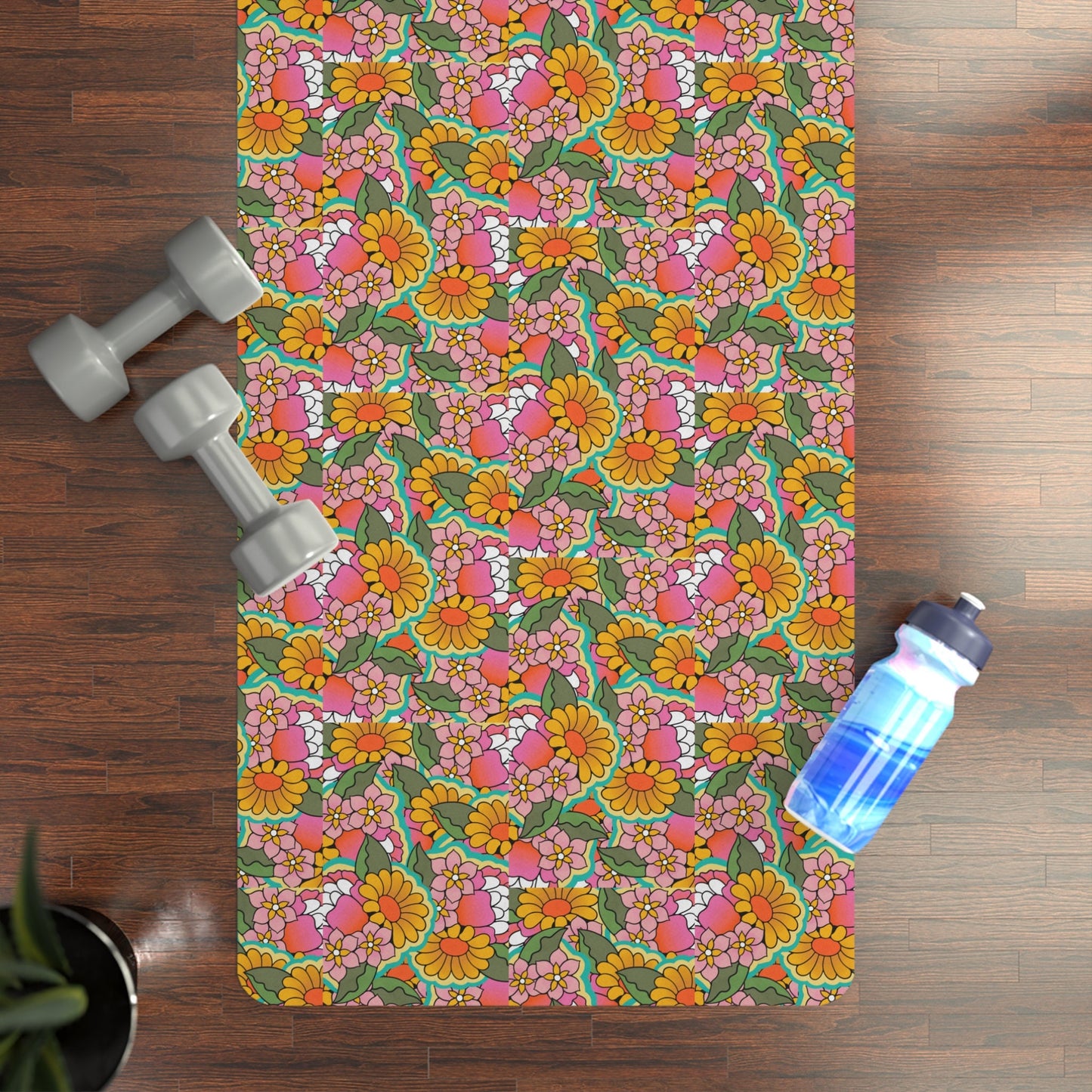 Retro Flowers Yoga Mat, Orange and Pink Retro Floral Design Yoga Mat