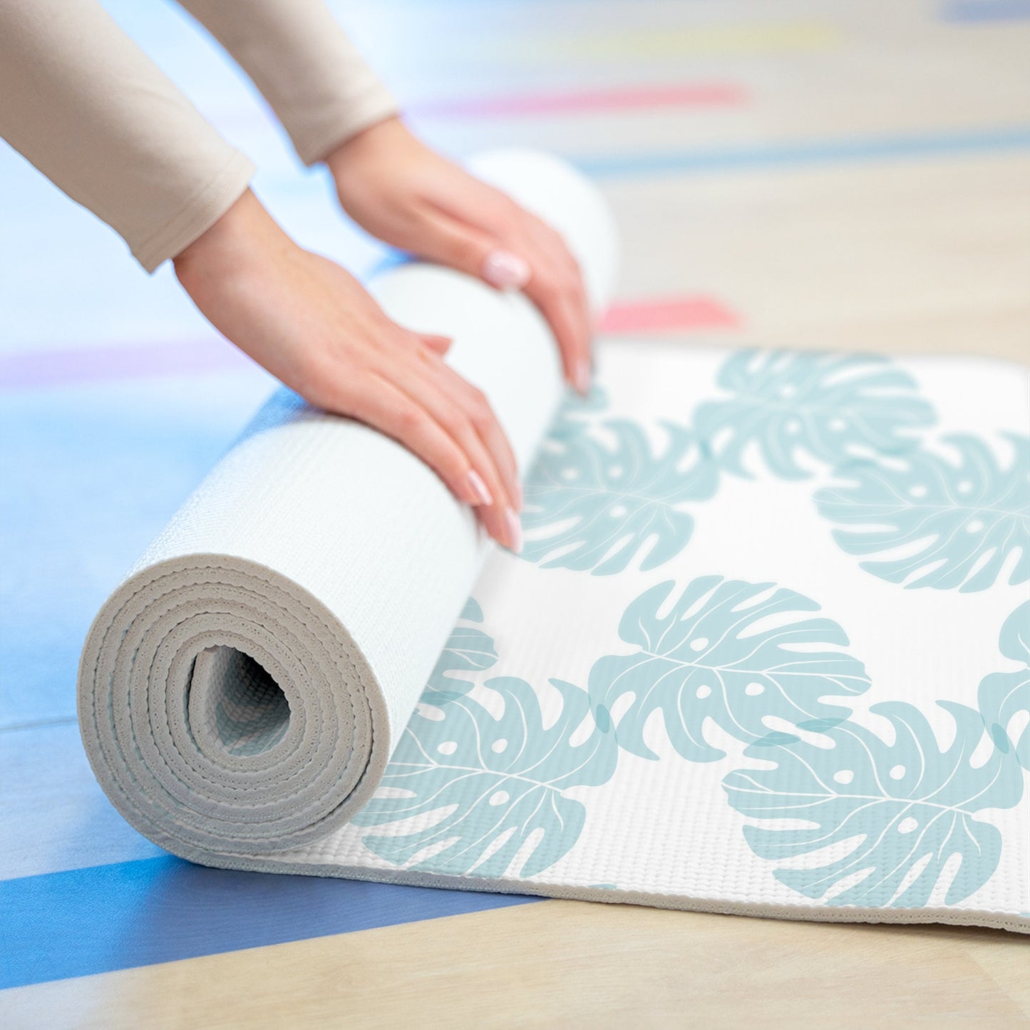 Yoga Mat Blue Monstera Leaf, Boho Tropical Style Nature Yoga Mat