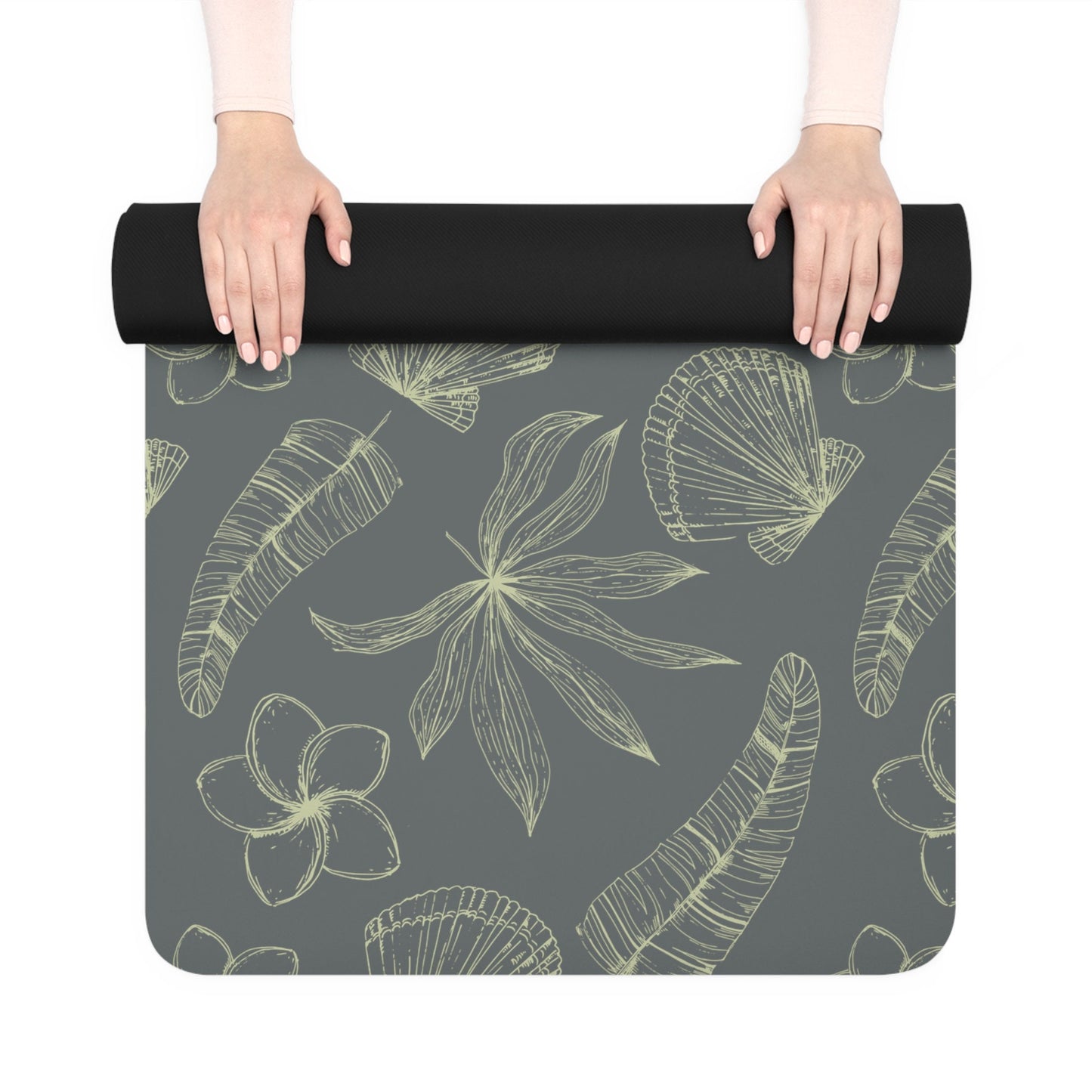 Hawaiian Flower Yoga Mat, Charcoal Grey Mat with tropical flower and leaves, Boho design yoga mat