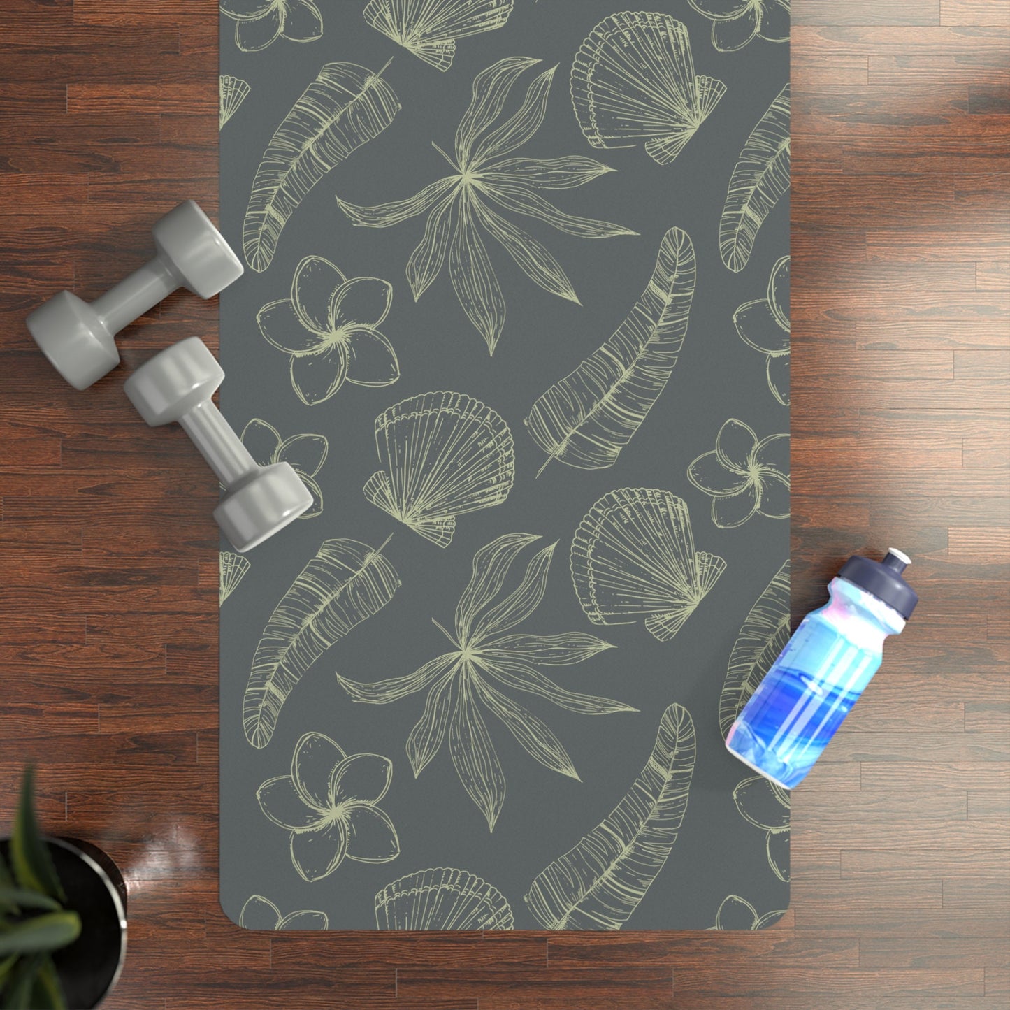 Hawaiian Flower Yoga Mat, Charcoal Grey Mat with tropical flower and leaves, Boho design yoga mat