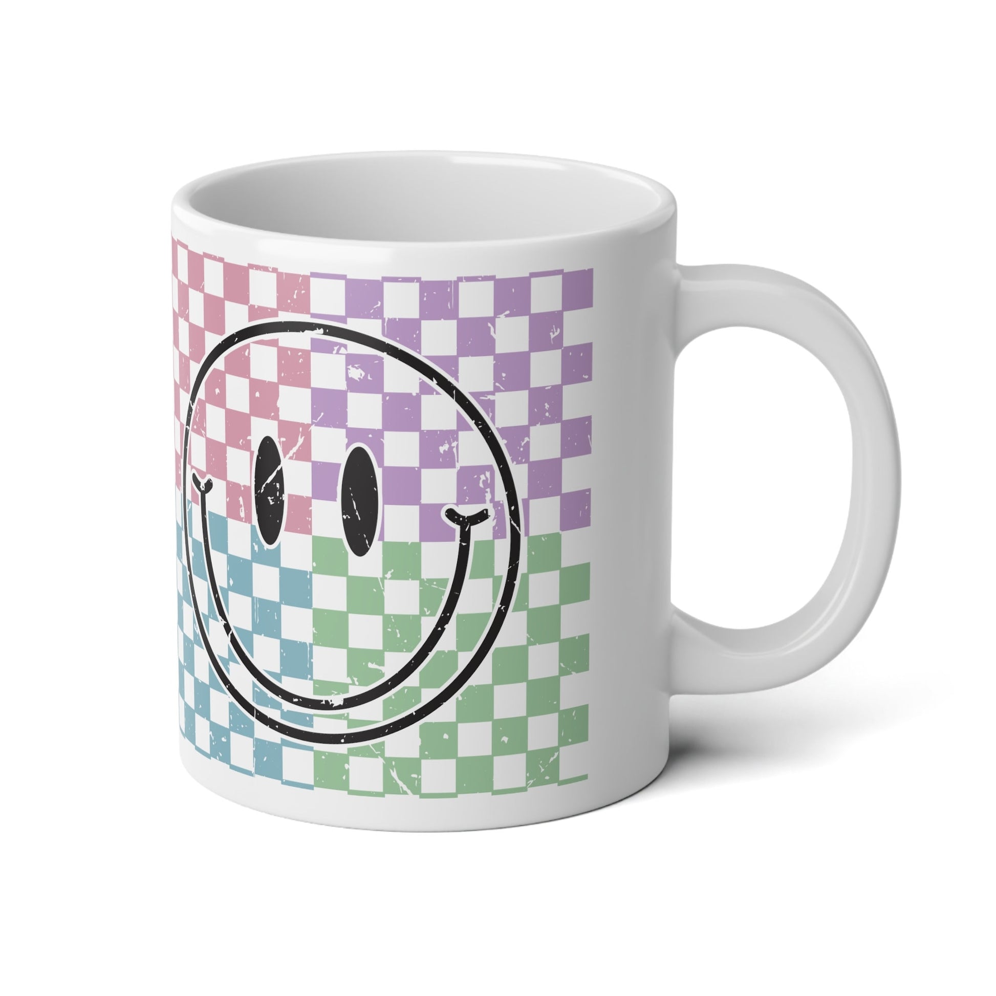 Smile Checkered Mug, 20oz Coffee Mug, Ceramic with handle in white, rainbow checkered smiley face design mug