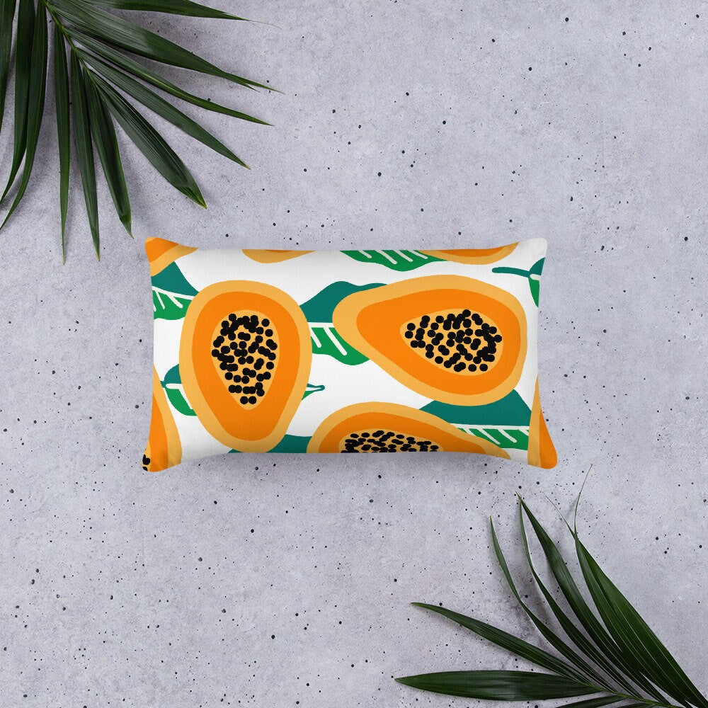 Papaya Patio Throw Pillow, Bright Tropical Fruits Pillow, 12x20, 18x18, Coastal or Island style pillow for home decor