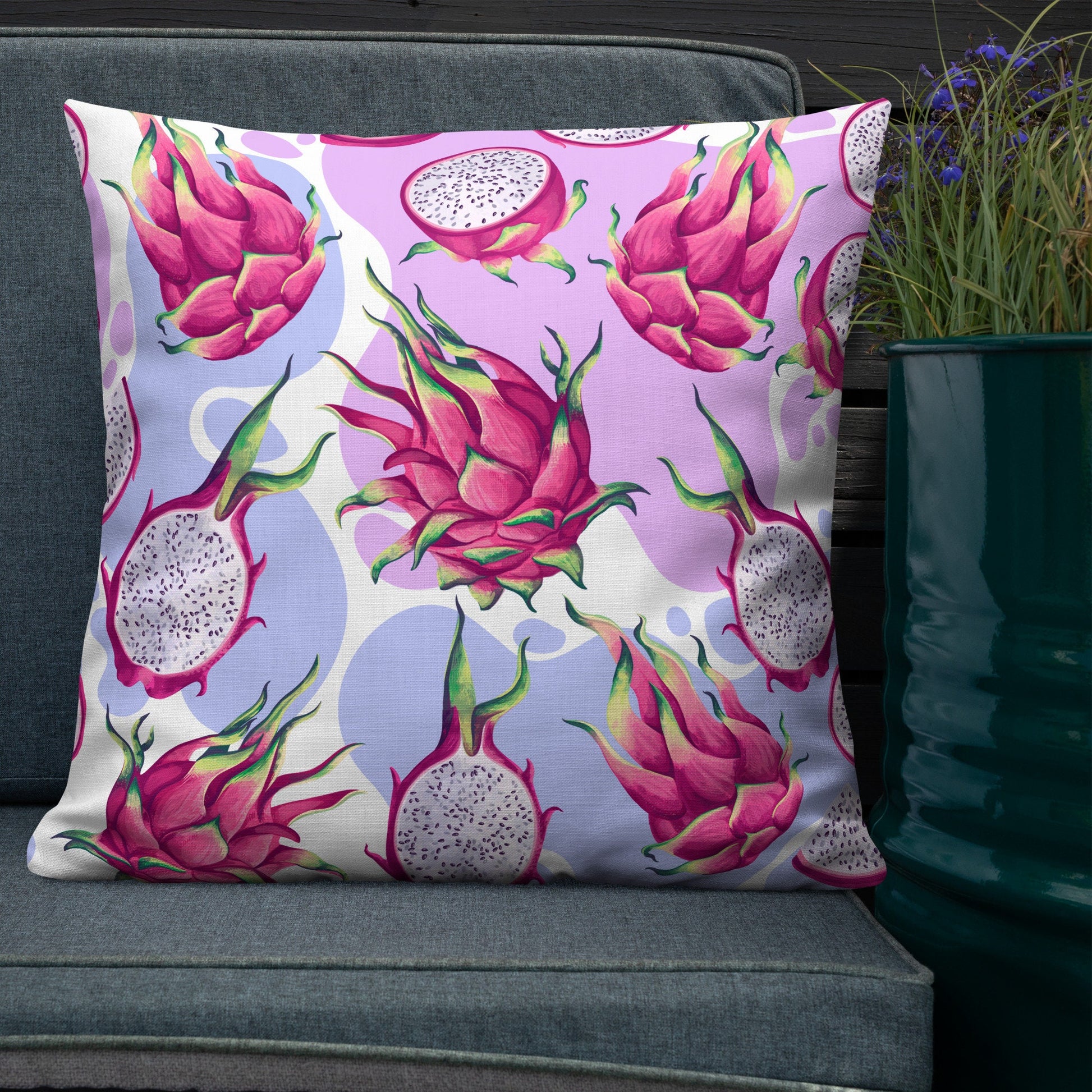 Pitaya Fruit Pillow, Tropical Dragon Fruit Print Pillow, Patio throw pillow to brighten any space