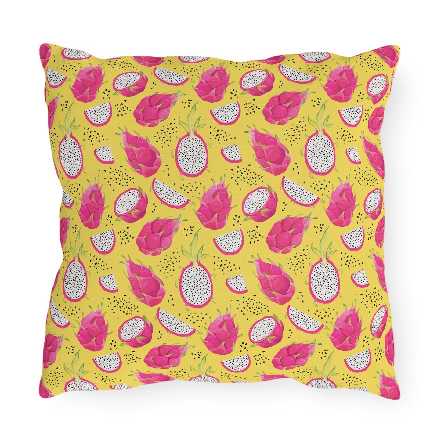 Pitaya Outdoor Pillow, Yellow Background with Pink and White Dragon Fruit Pattern, Perfect pillow to brighten any outdoor space, 16x16