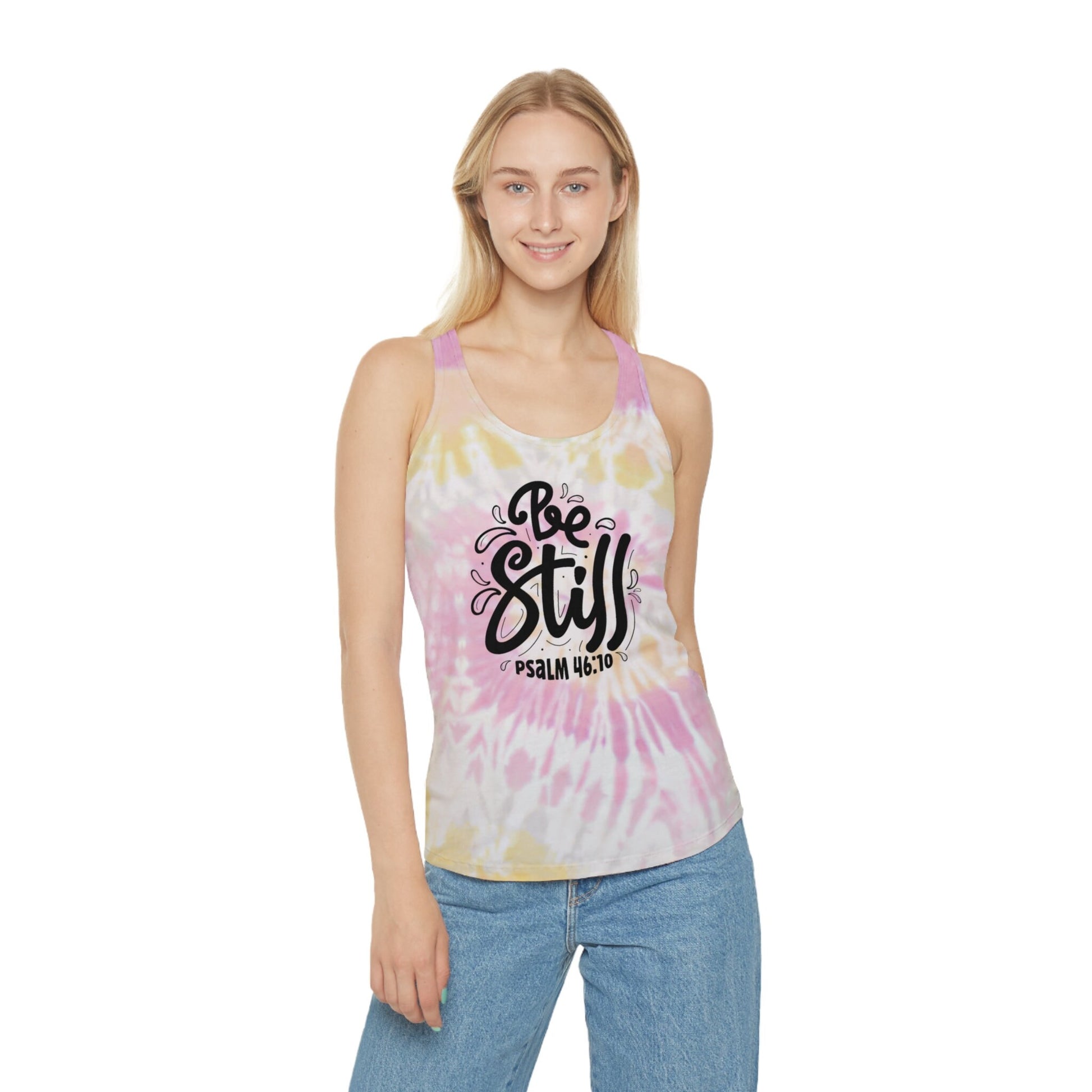 Tie Dye Racerback Tank Top, Be Still Bible Verse Shirt, Christian Apparel, Women’s Tie Dye Tank Bible Quote Shirt in Comfort Colors, svg