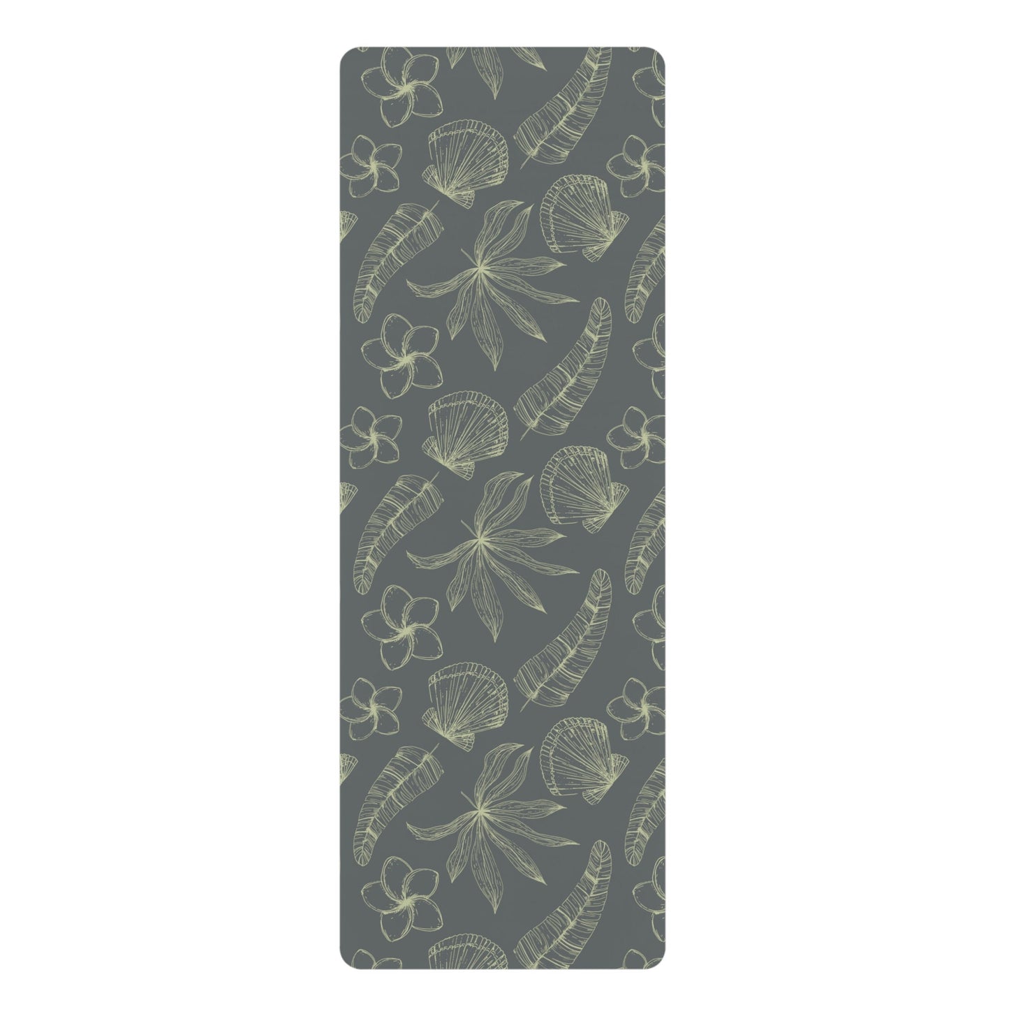 Hawaiian Flower Yoga Mat, Charcoal Grey Mat with tropical flower and leaves, Boho design yoga mat