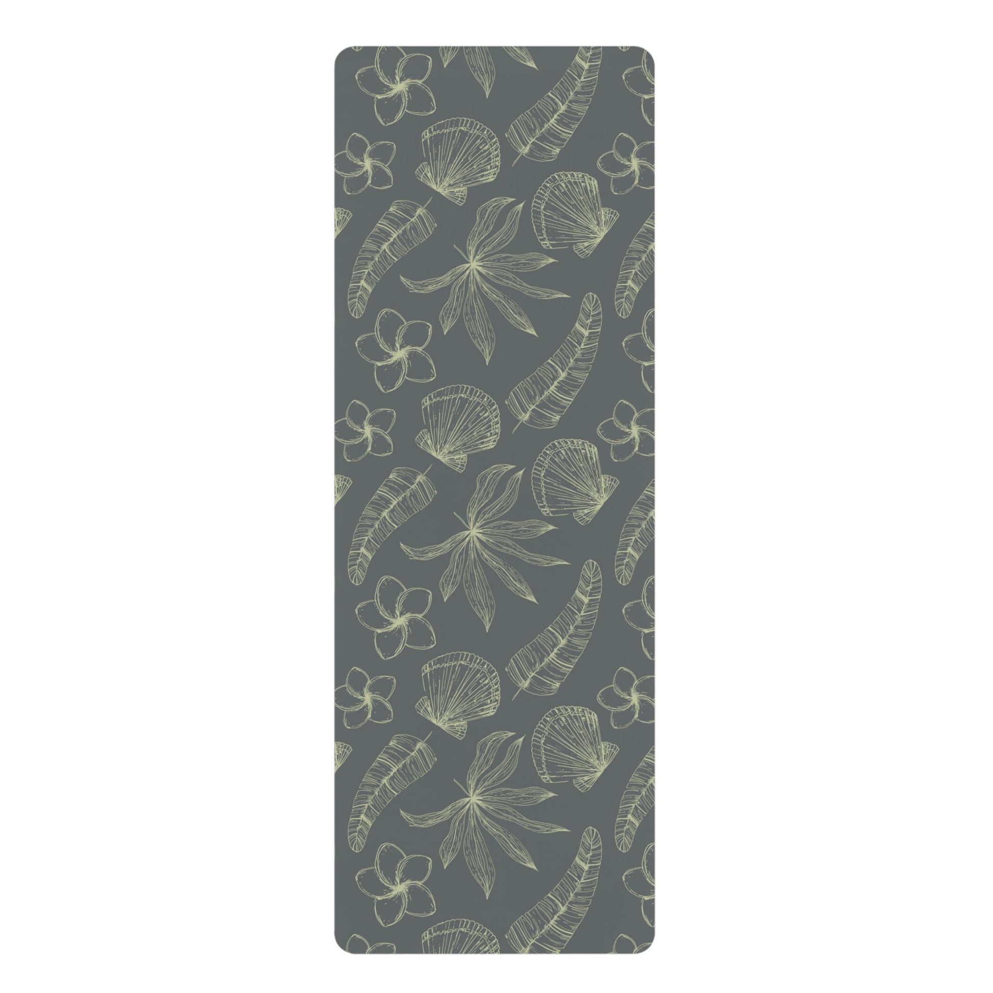 Hawaiian Flower Yoga Mat, Charcoal Grey Mat with tropical flower and leaves, Boho design yoga mat