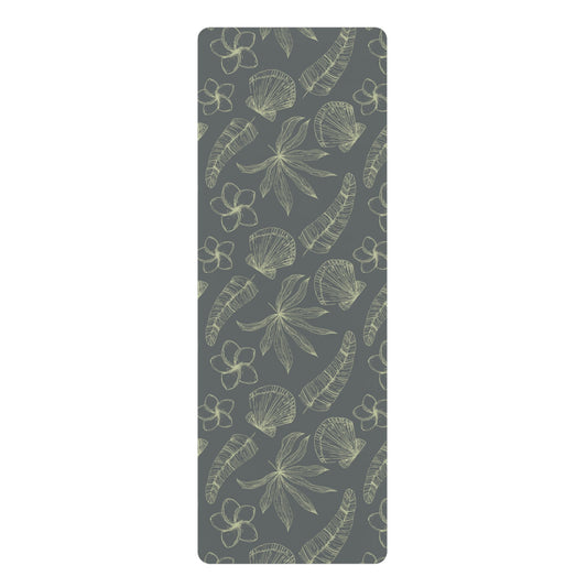 Hawaiian Flower Yoga Mat, Charcoal Grey Mat with tropical flower and leaves, Boho design yoga mat