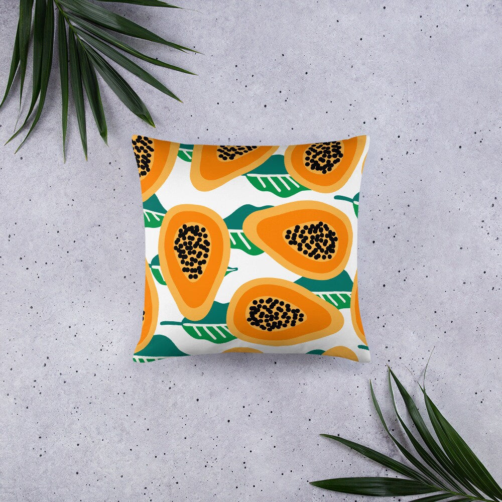 Papaya Patio Throw Pillow, Bright Tropical Fruits Pillow, 12x20, 18x18, Coastal or Island style pillow for home decor