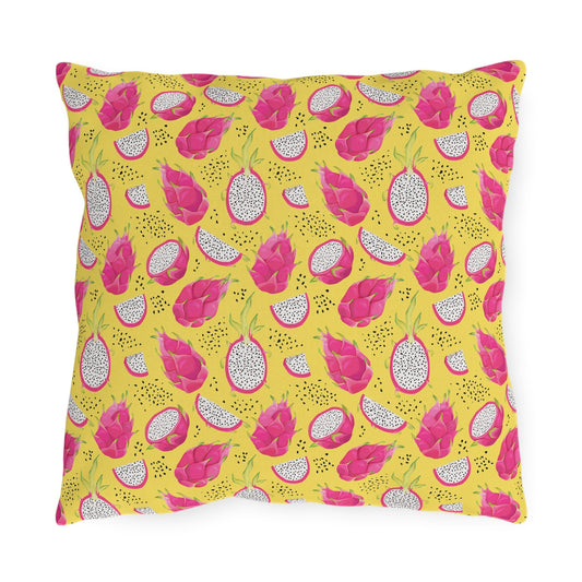 Pitaya Outdoor Pillow, Yellow Background with Pink and White Dragon Fruit Pattern, Perfect pillow to brighten any outdoor space, 16x16