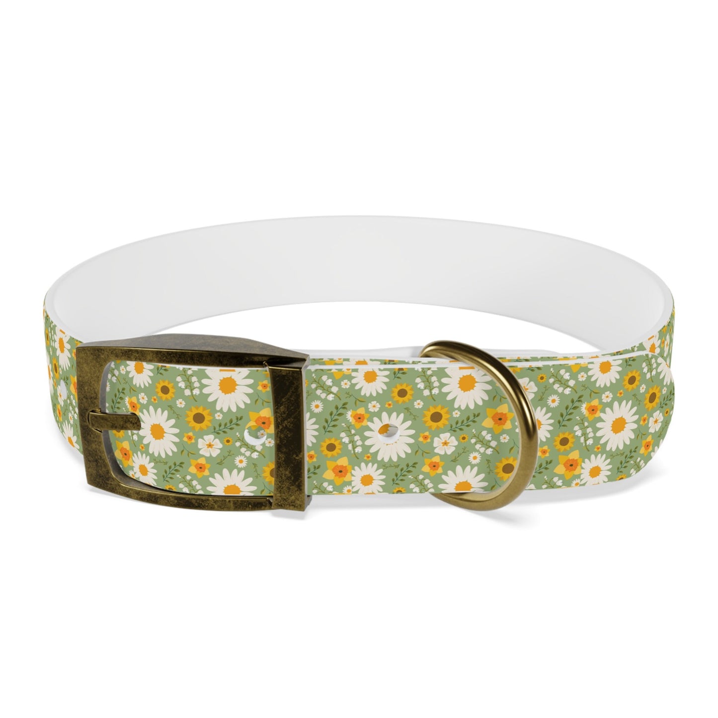 Boho Floral Dog Collar, Multiple Sizes and buckle colors, yellow and green flower pet collar with brass buckle closure,