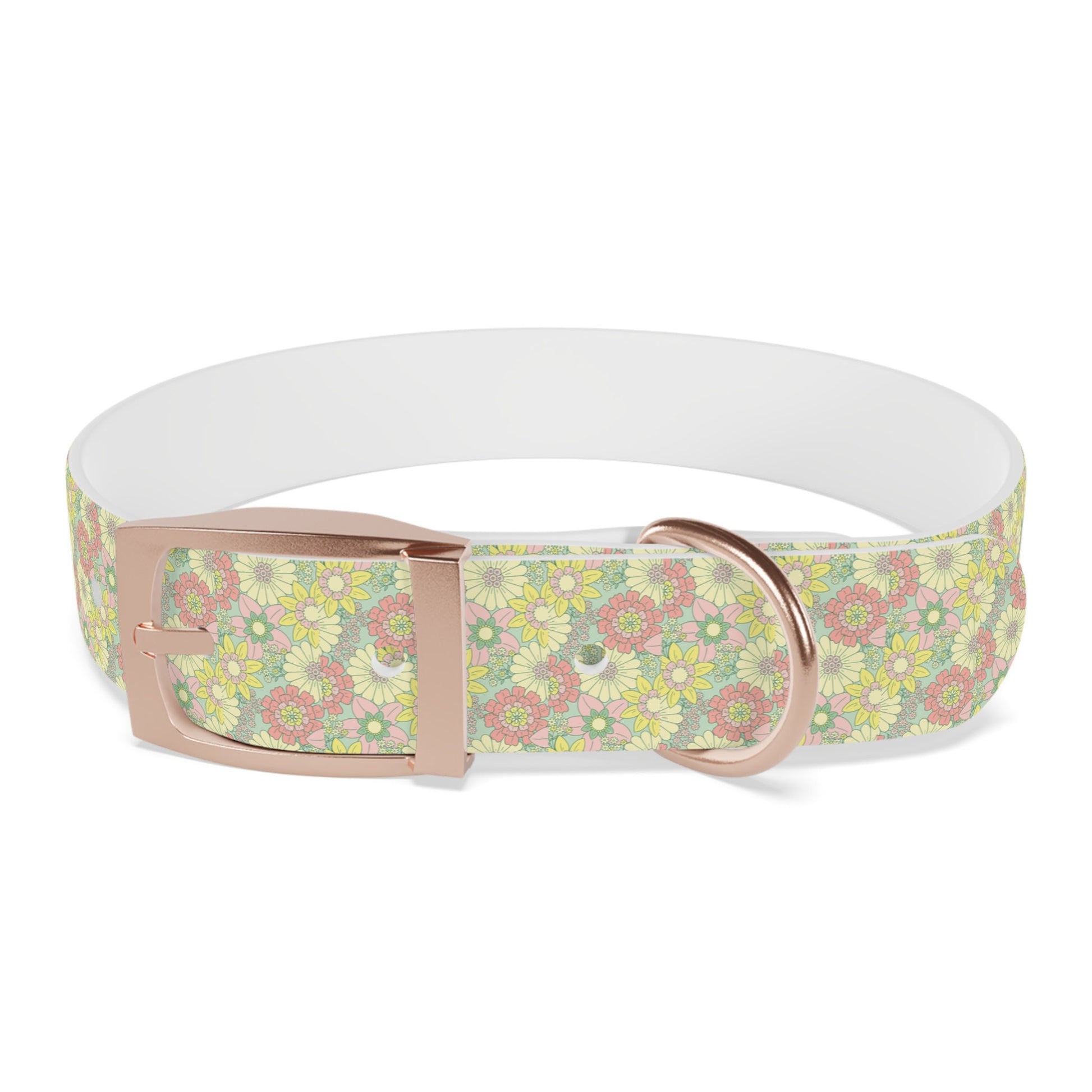 pastel floral pattern dog collar, pink and yellow flowers with rose gold buckle closure and ring, multiple sizes for pet